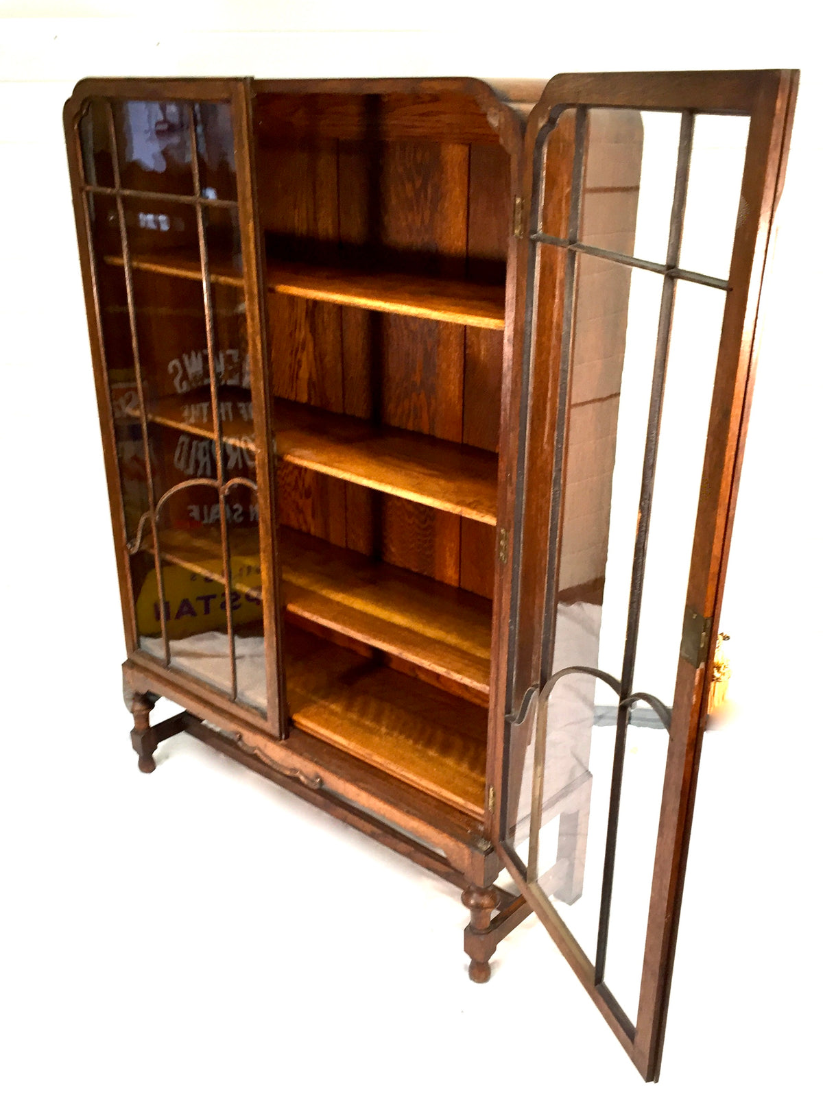 Antique Art Deco 1930s Oak Wooden Display Bookcase Cabinet Glazed Doors & Key