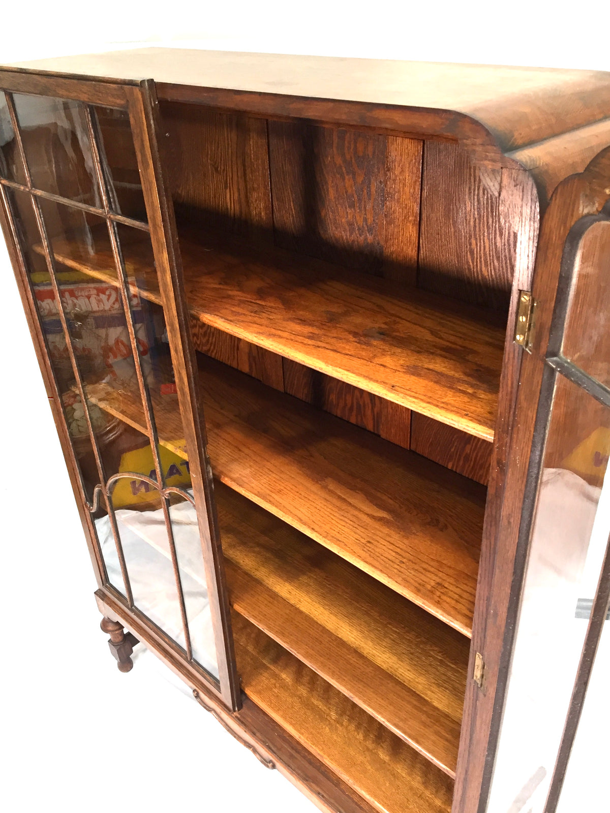 Antique Art Deco 1930s Oak Wooden Display Bookcase Cabinet Glazed Doors & Key