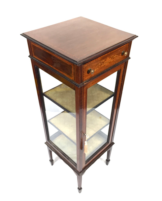 Antique Edwardian Inlaid Mahogany Pedestal Glade Display Cabinet c.1910 with Key
