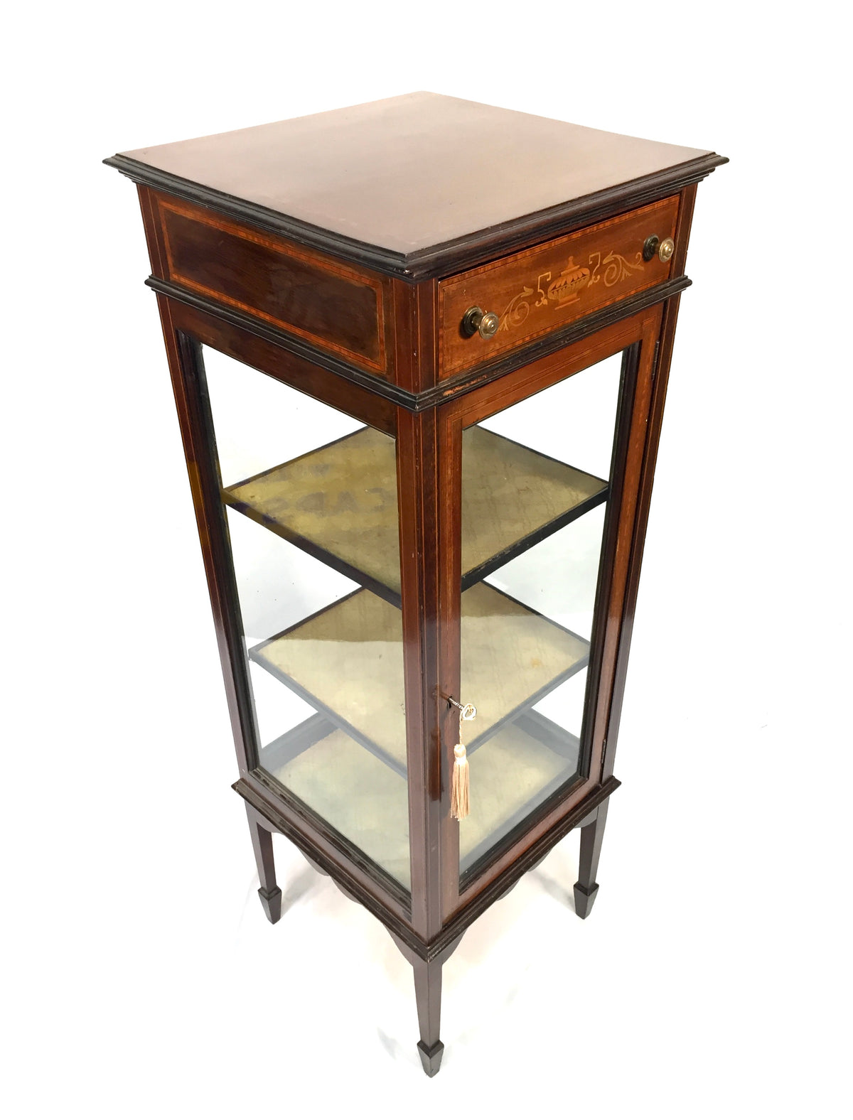 Antique Edwardian Inlaid Mahogany Pedestal Glade Display Cabinet c.1910 with Key