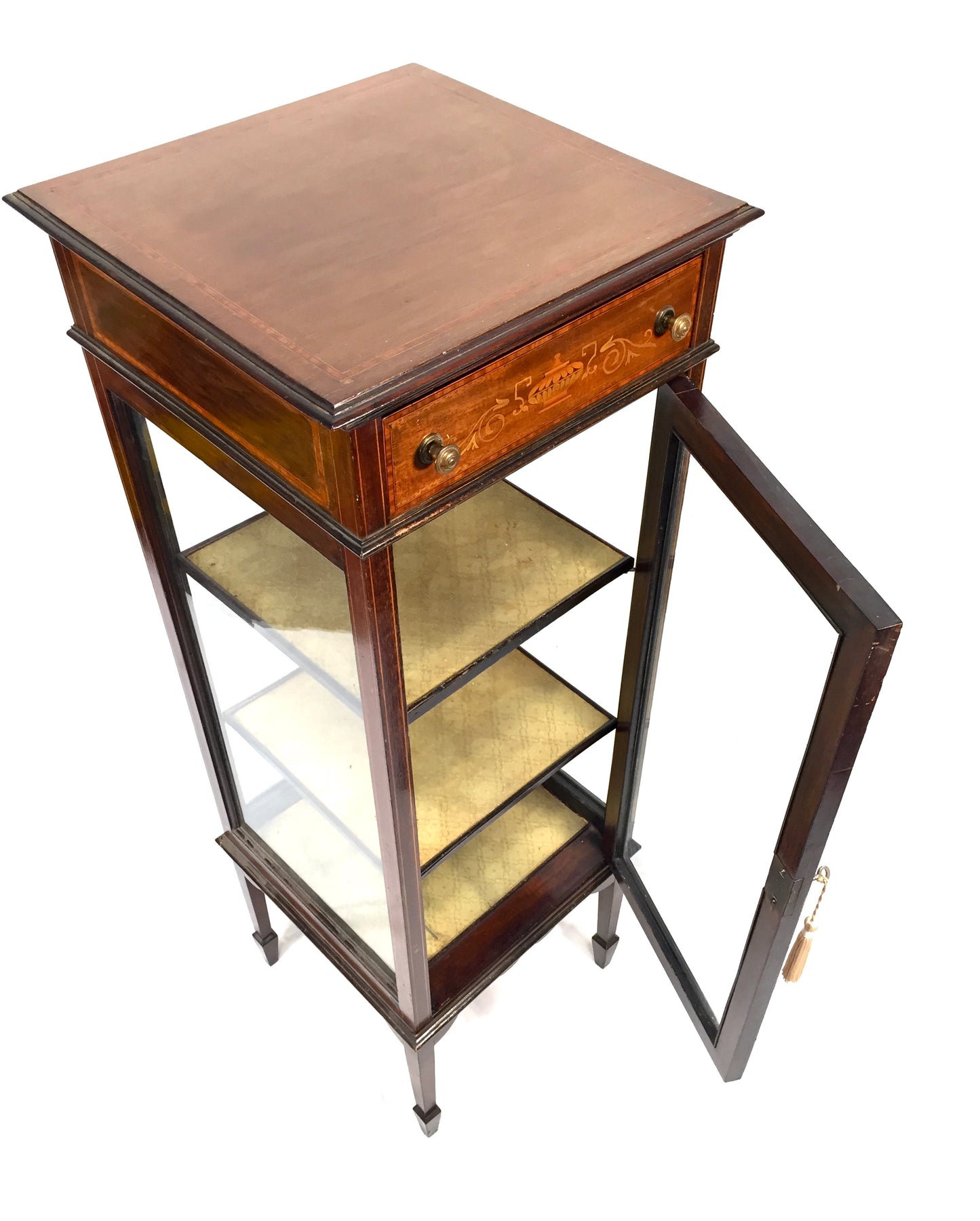 Antique Edwardian Inlaid Mahogany Pedestal Glade Display Cabinet c.1910 with Key