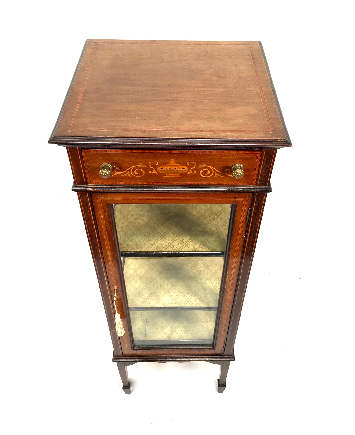 Antique Edwardian Inlaid Mahogany Pedestal Glade Display Cabinet c.1910 with Key