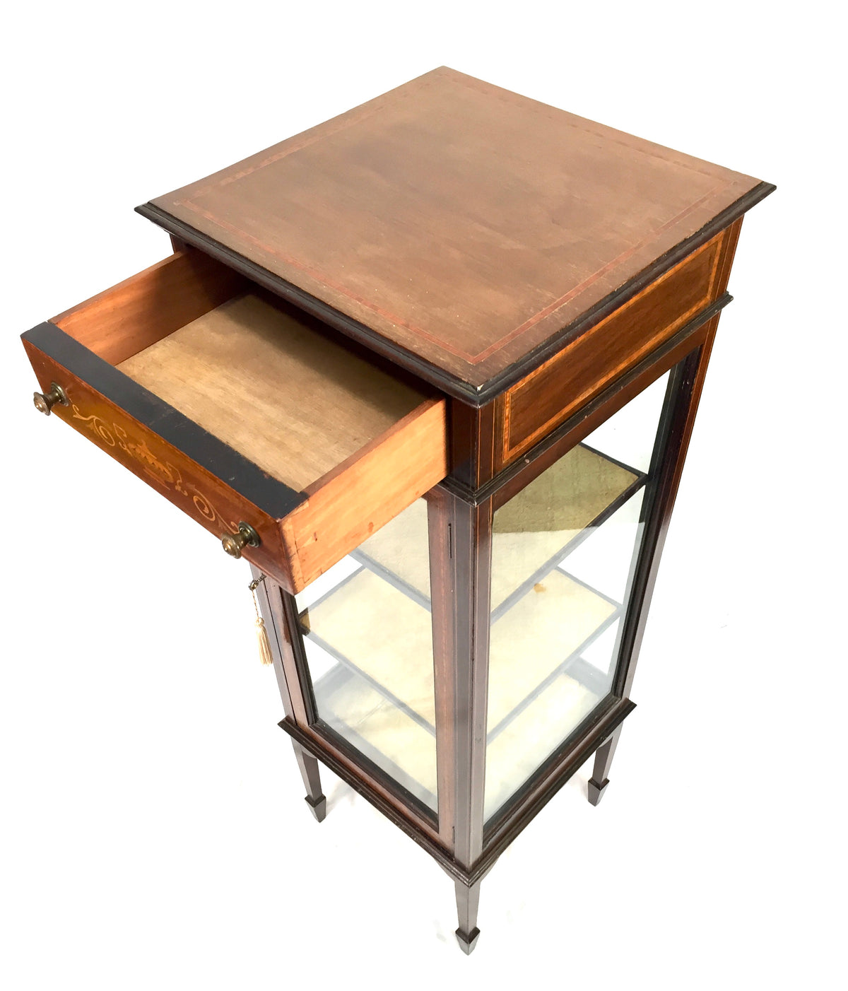 Antique Edwardian Inlaid Mahogany Pedestal Glade Display Cabinet c.1910 with Key
