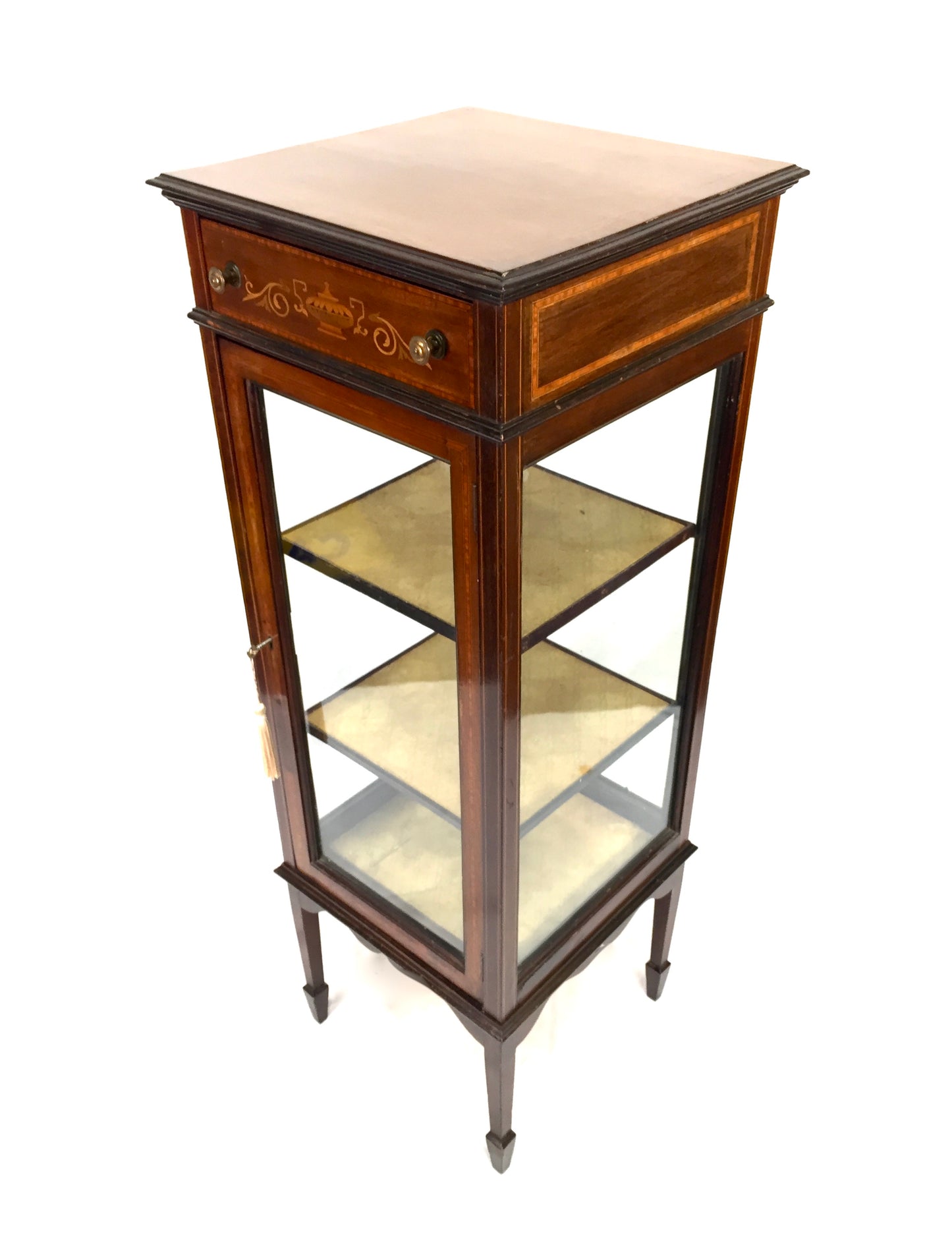 Antique Edwardian Inlaid Mahogany Pedestal Glade Display Cabinet c.1910 with Key