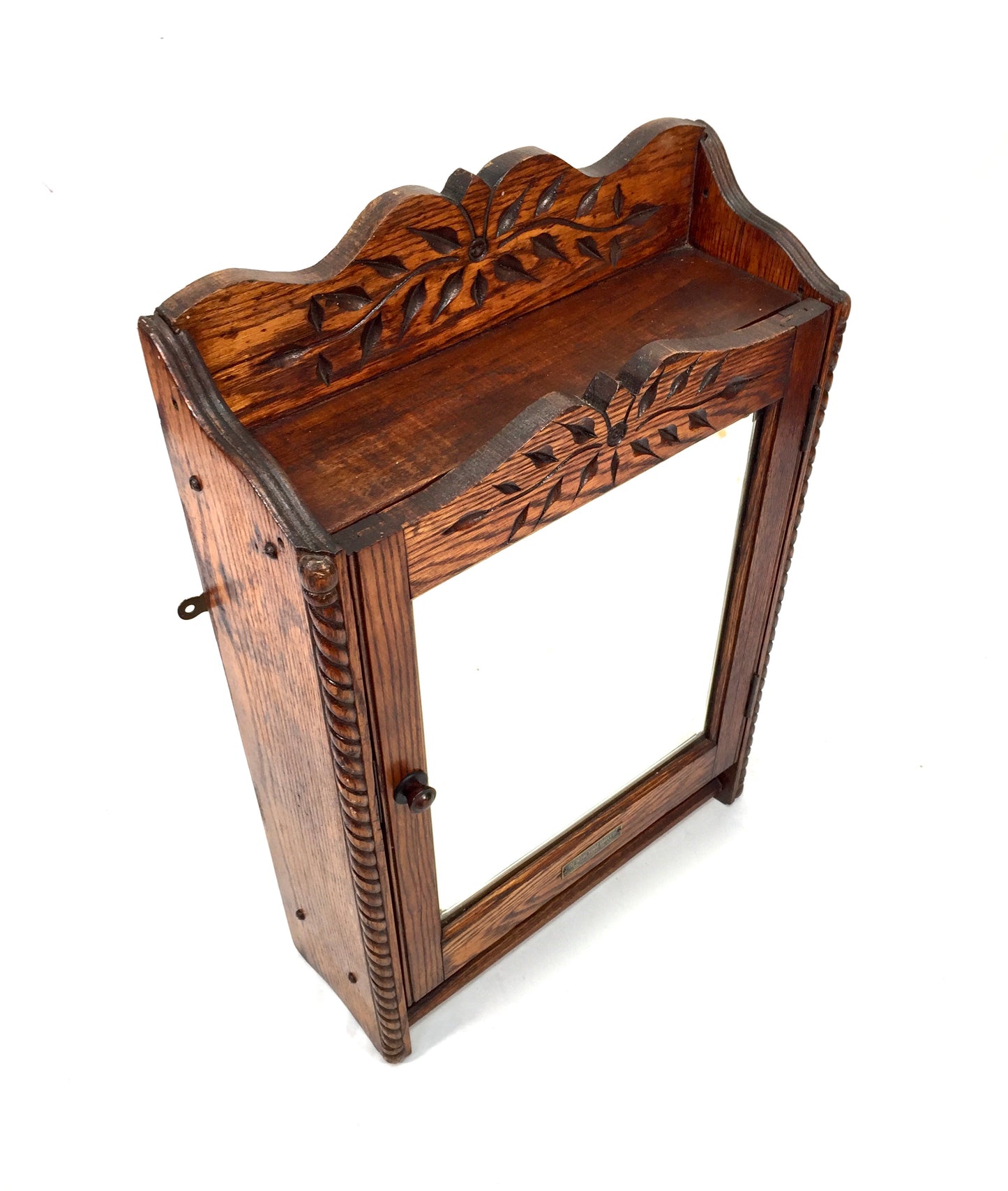 Antique Hand Carved Oak Wooden Wall Hanging Medicine / Apothecary Cabinet c.1930