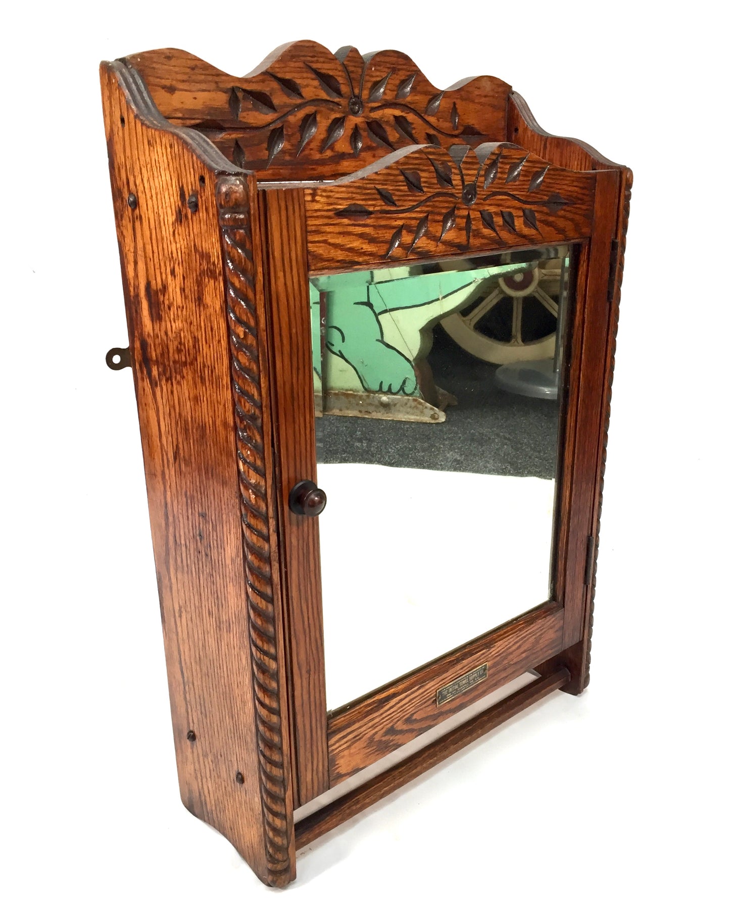 Antique Hand Carved Oak Wooden Wall Hanging Medicine / Apothecary Cabinet c.1930