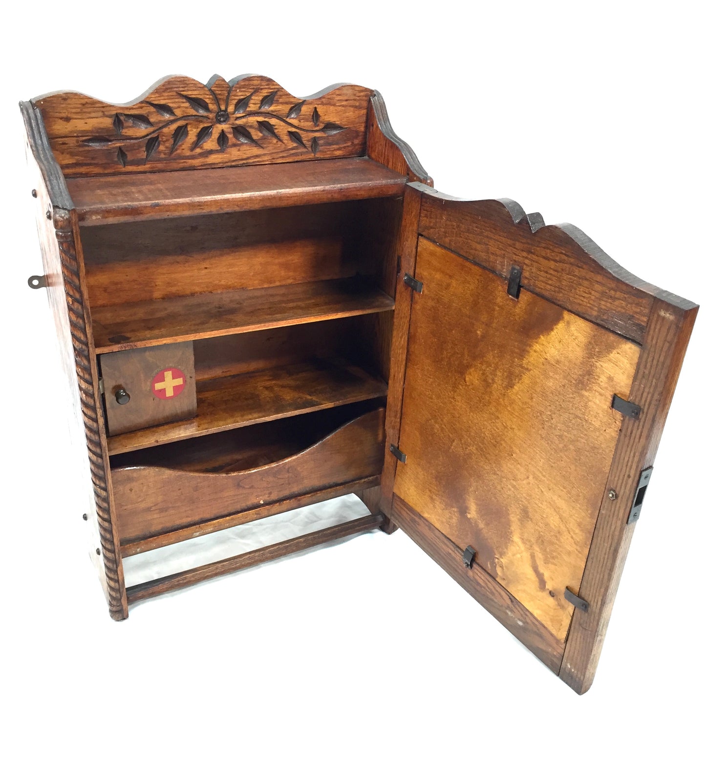 Antique Hand Carved Oak Wooden Wall Hanging Medicine / Apothecary Cabinet c.1930