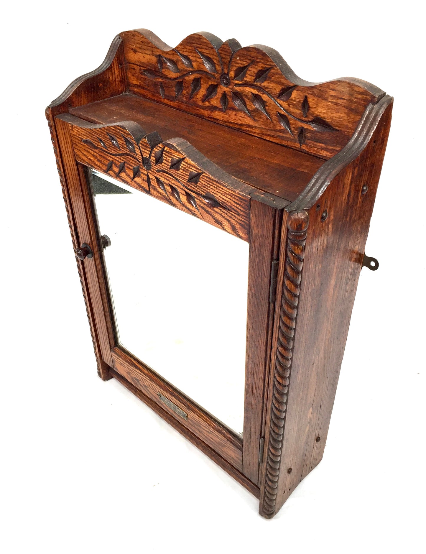 Antique Hand Carved Oak Wooden Wall Hanging Medicine / Apothecary Cabinet c.1930