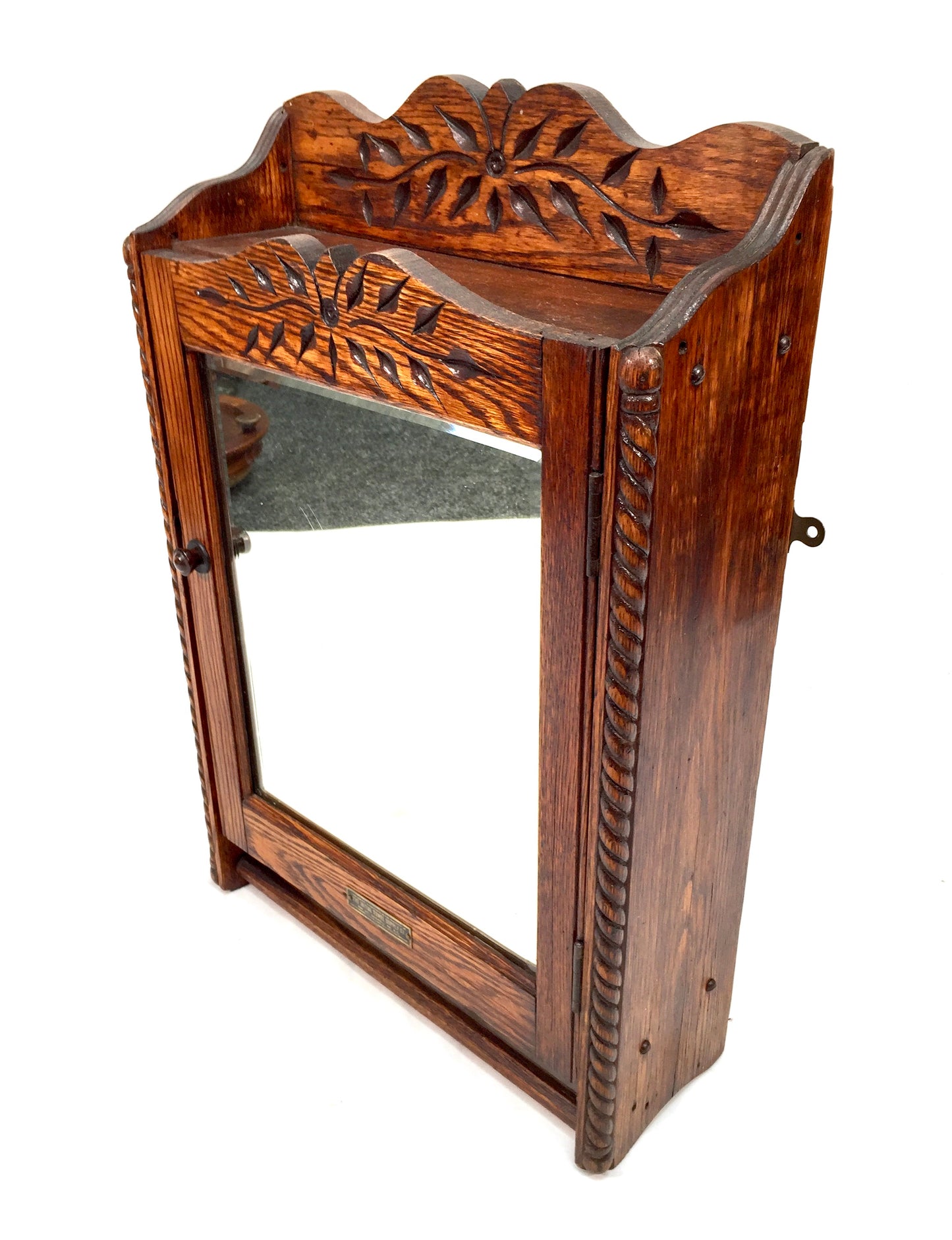 Antique Hand Carved Oak Wooden Wall Hanging Medicine / Apothecary Cabinet c.1930