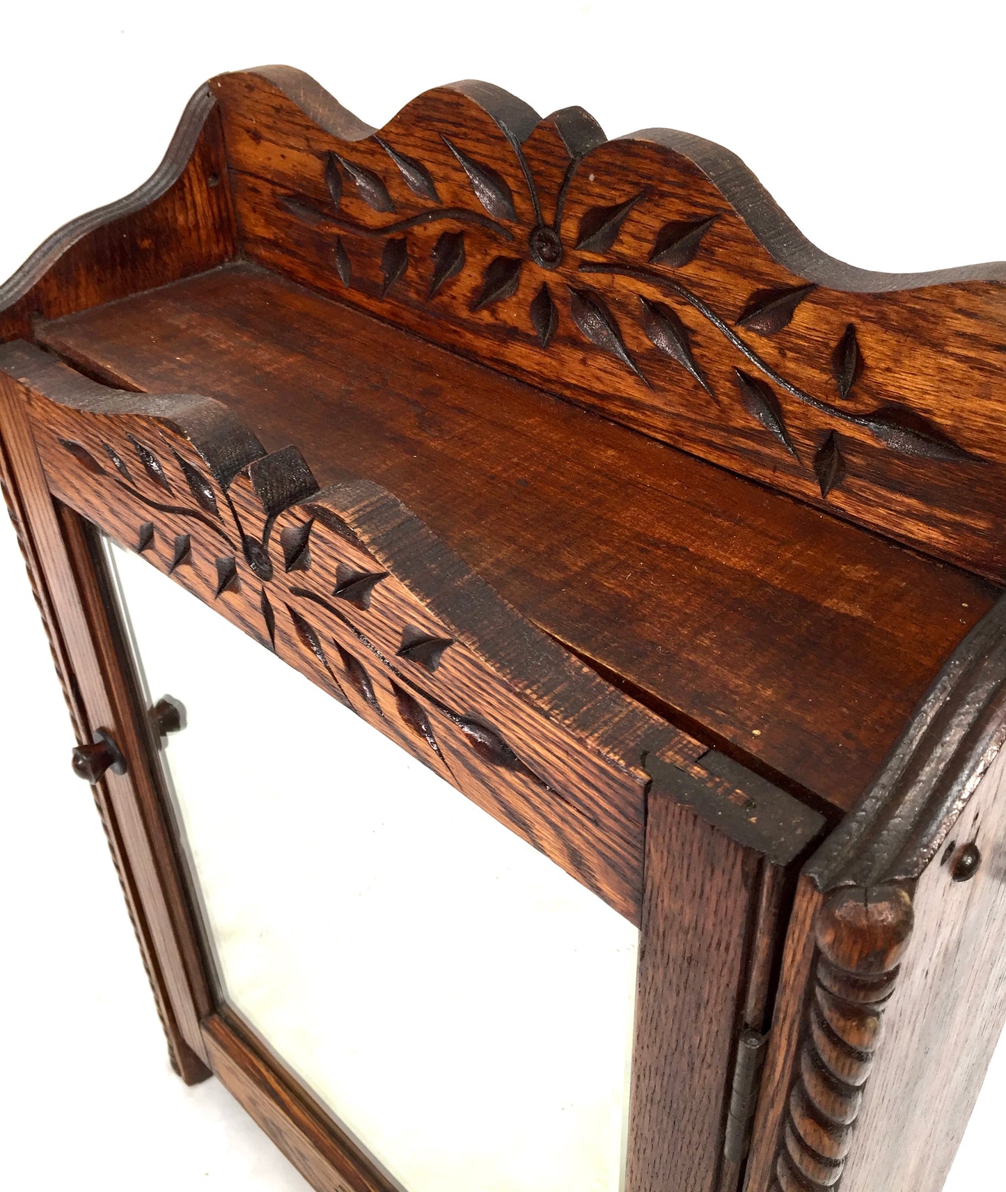 Antique Hand Carved Oak Wooden Wall Hanging Medicine / Apothecary Cabinet c.1930