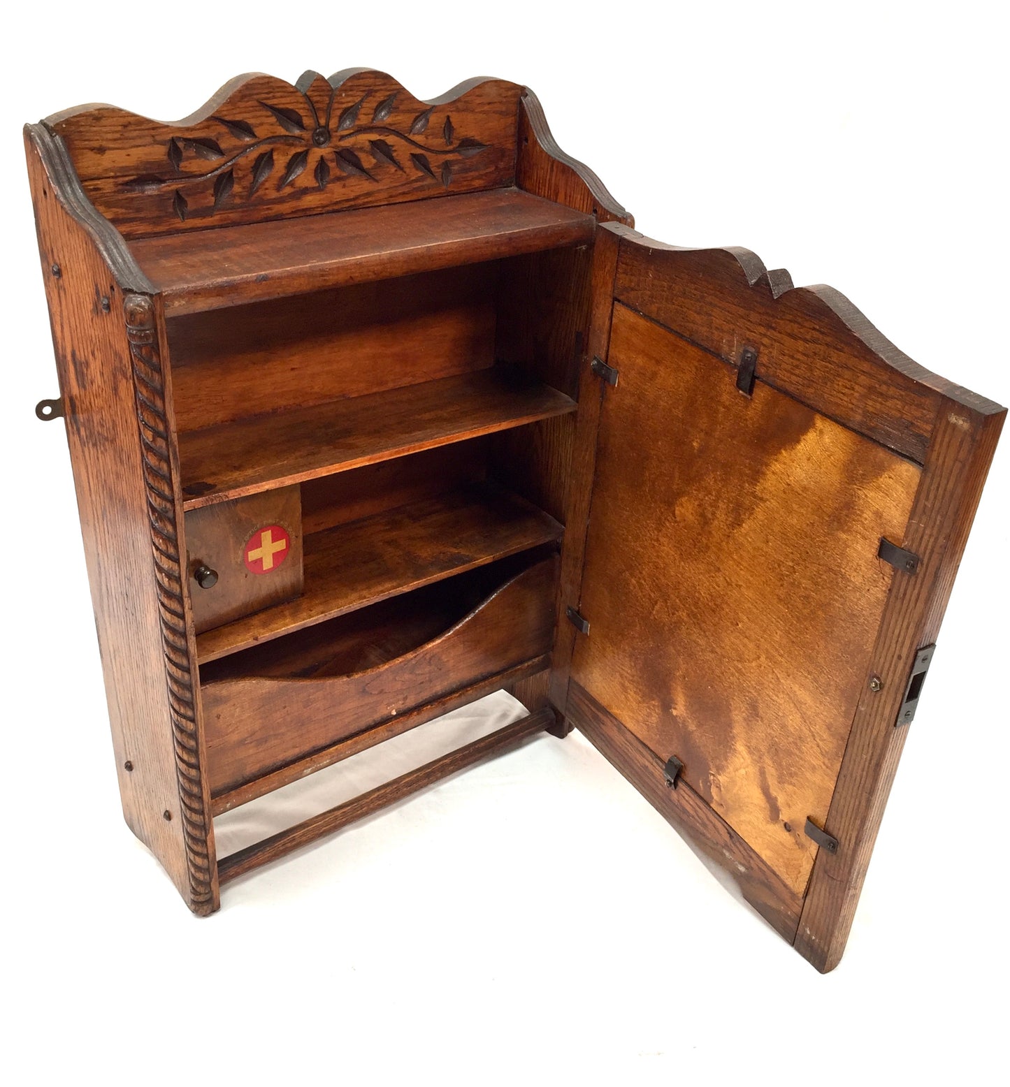 Antique Hand Carved Oak Wooden Wall Hanging Medicine / Apothecary Cabinet c.1930