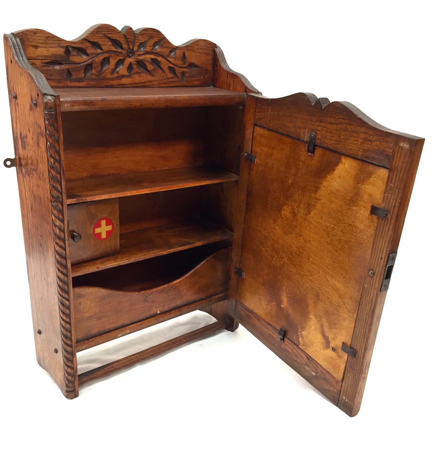 Antique Hand Carved Oak Wooden Wall Hanging Medicine / Apothecary Cabinet c.1930
