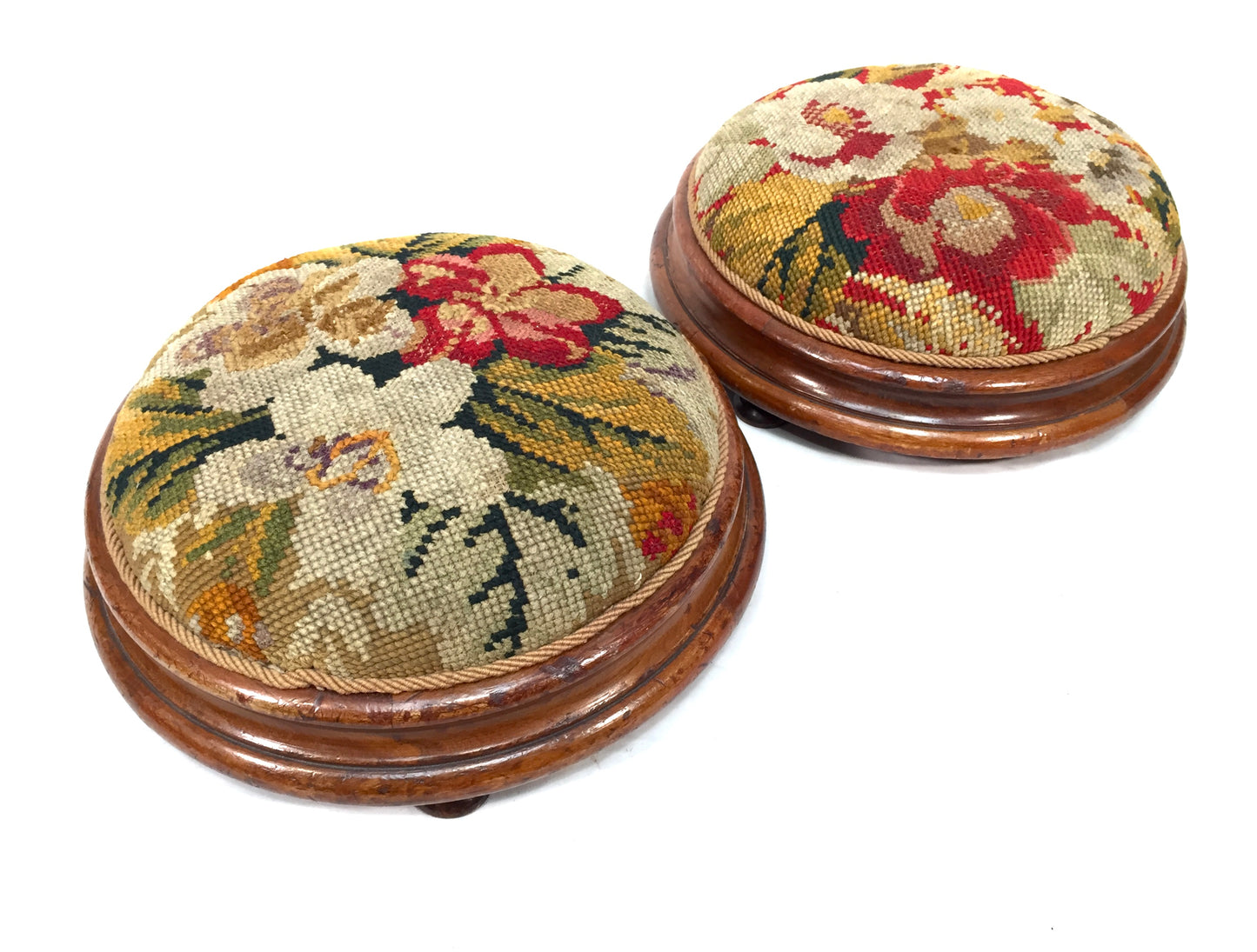 Antique Pair of Edwardian Needlepoint Circular Footstools / Early 20th Century