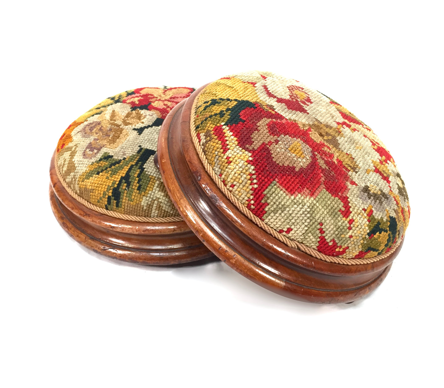 Antique Pair of Edwardian Needlepoint Circular Footstools / Early 20th Century