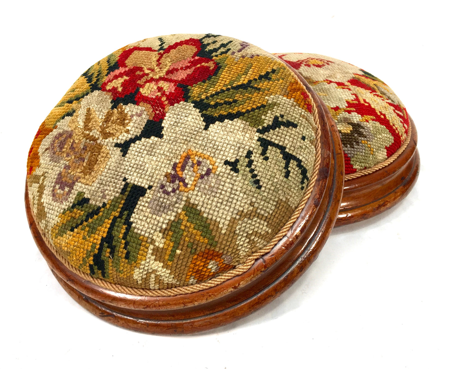 Antique Pair of Edwardian Needlepoint Circular Footstools / Early 20th Century