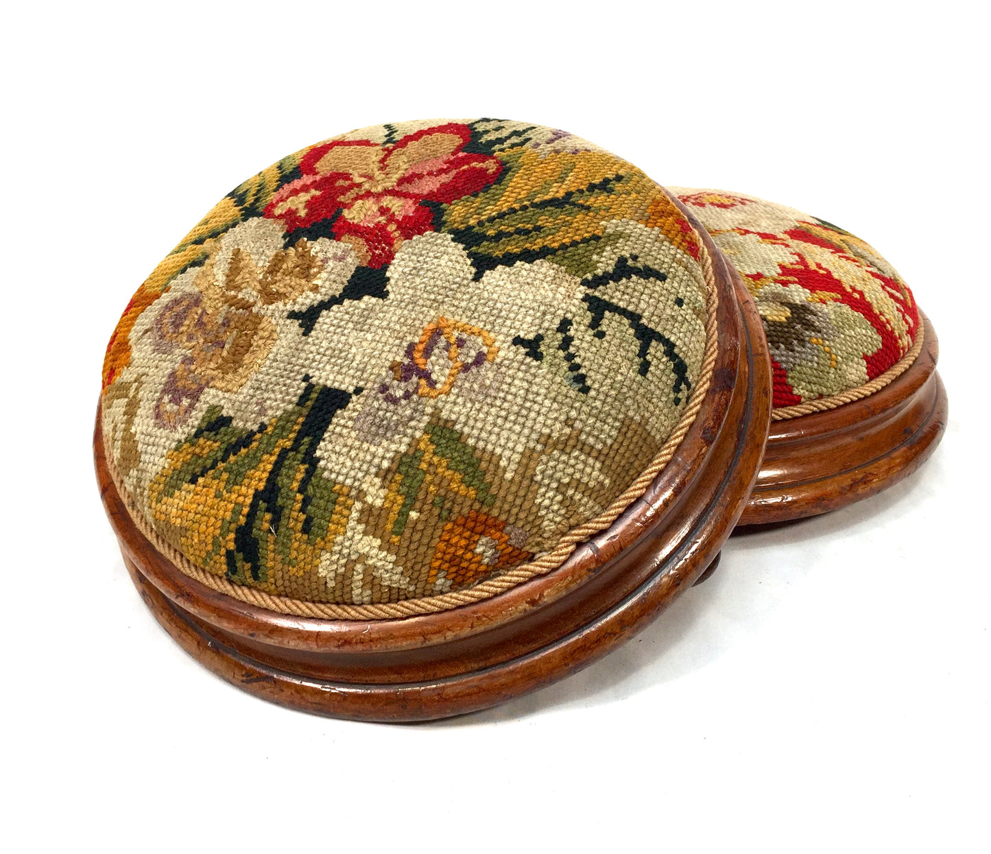 Antique Pair of Edwardian Needlepoint Circular Footstools / Early 20th Century