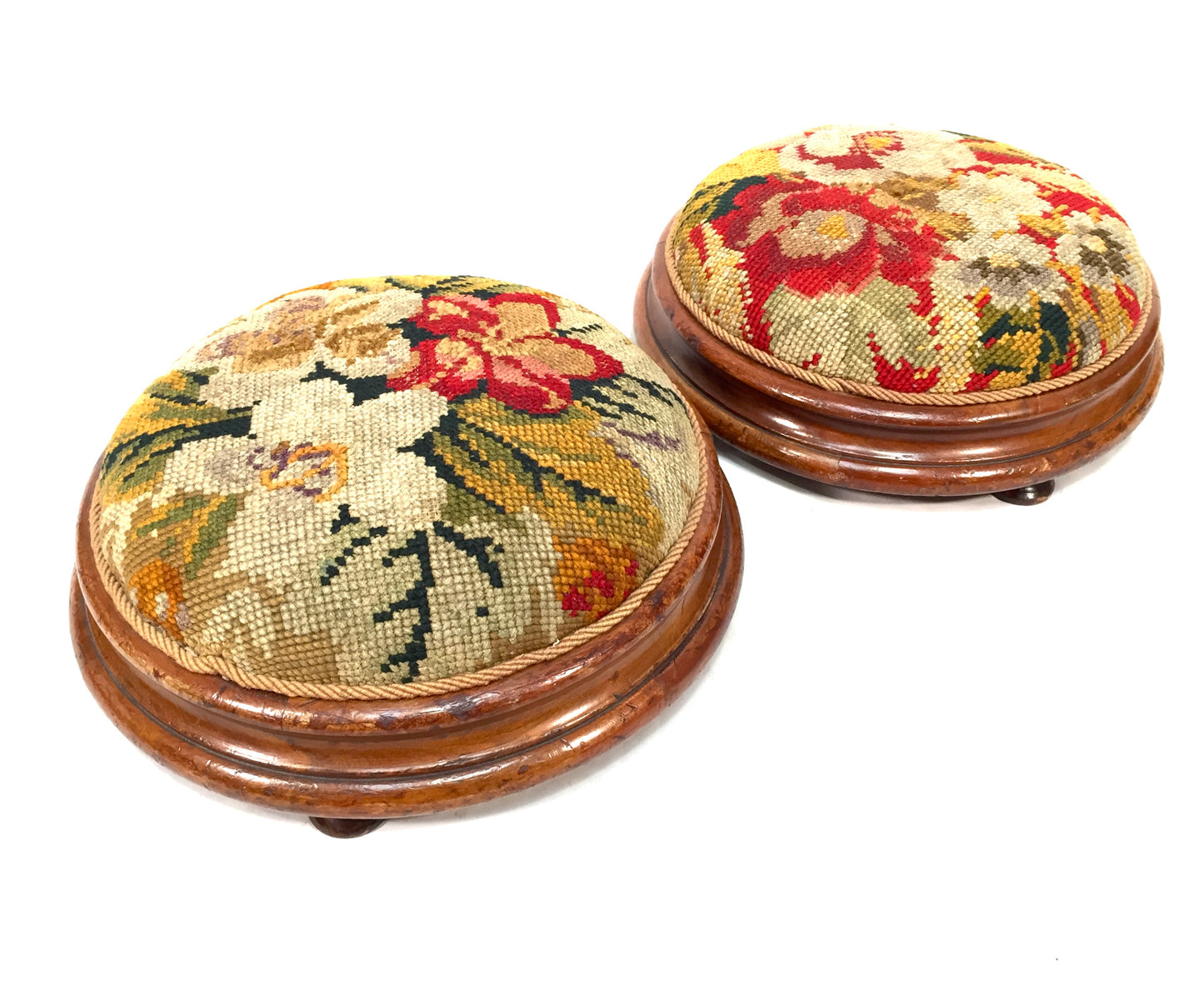 Antique Pair of Edwardian Needlepoint Circular Footstools / Early 20th Century