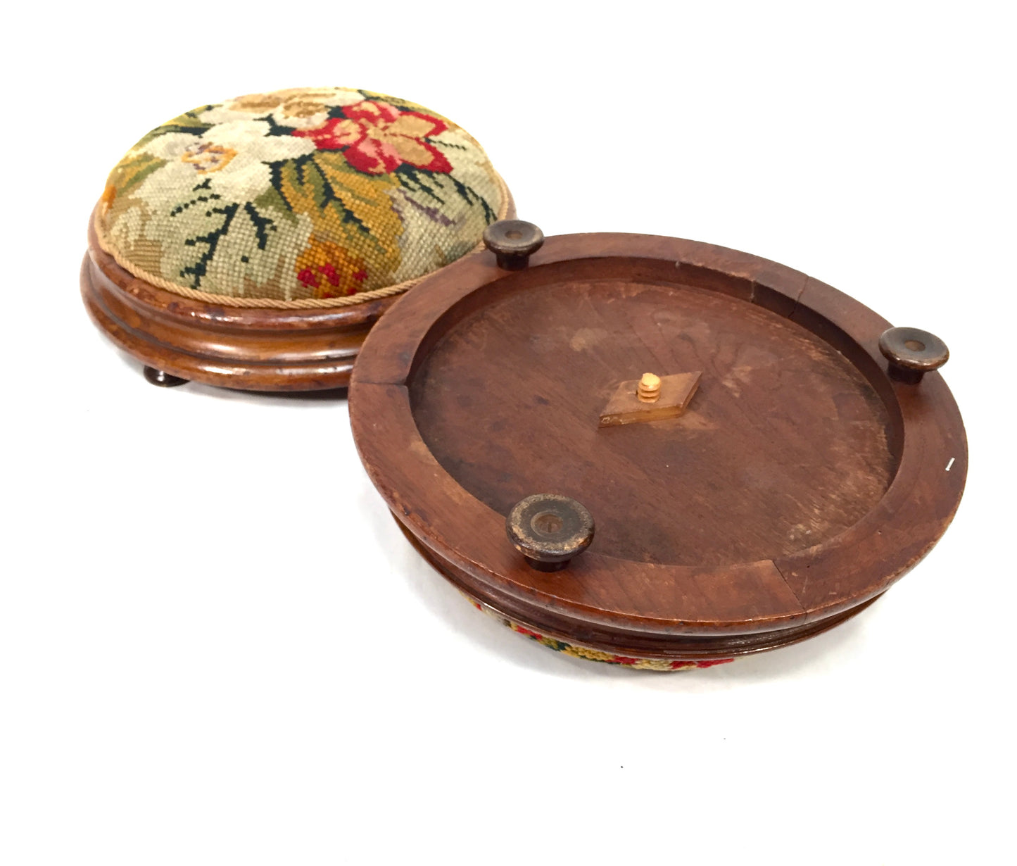 Antique Pair of Edwardian Needlepoint Circular Footstools / Early 20th Century