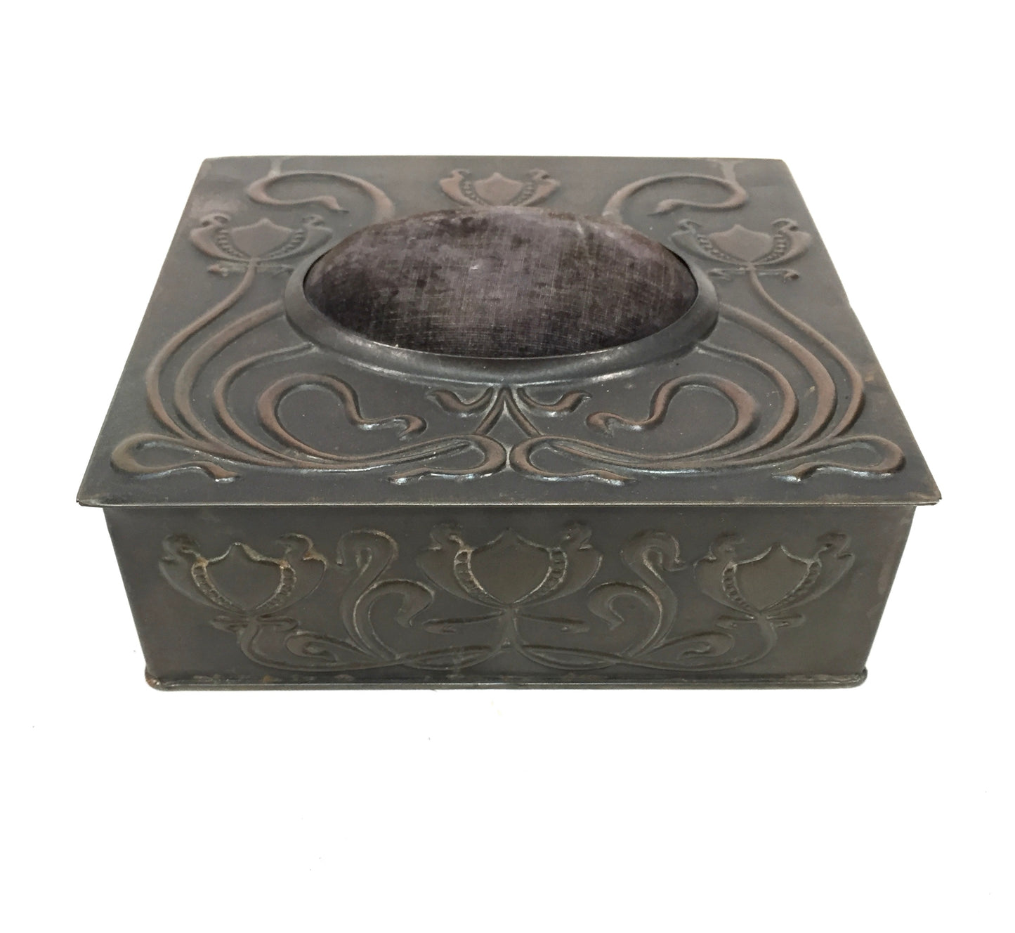 Antique Art Nouveau Embossed Metal Tin Pin Cushion Trinket Box Burnett Limited