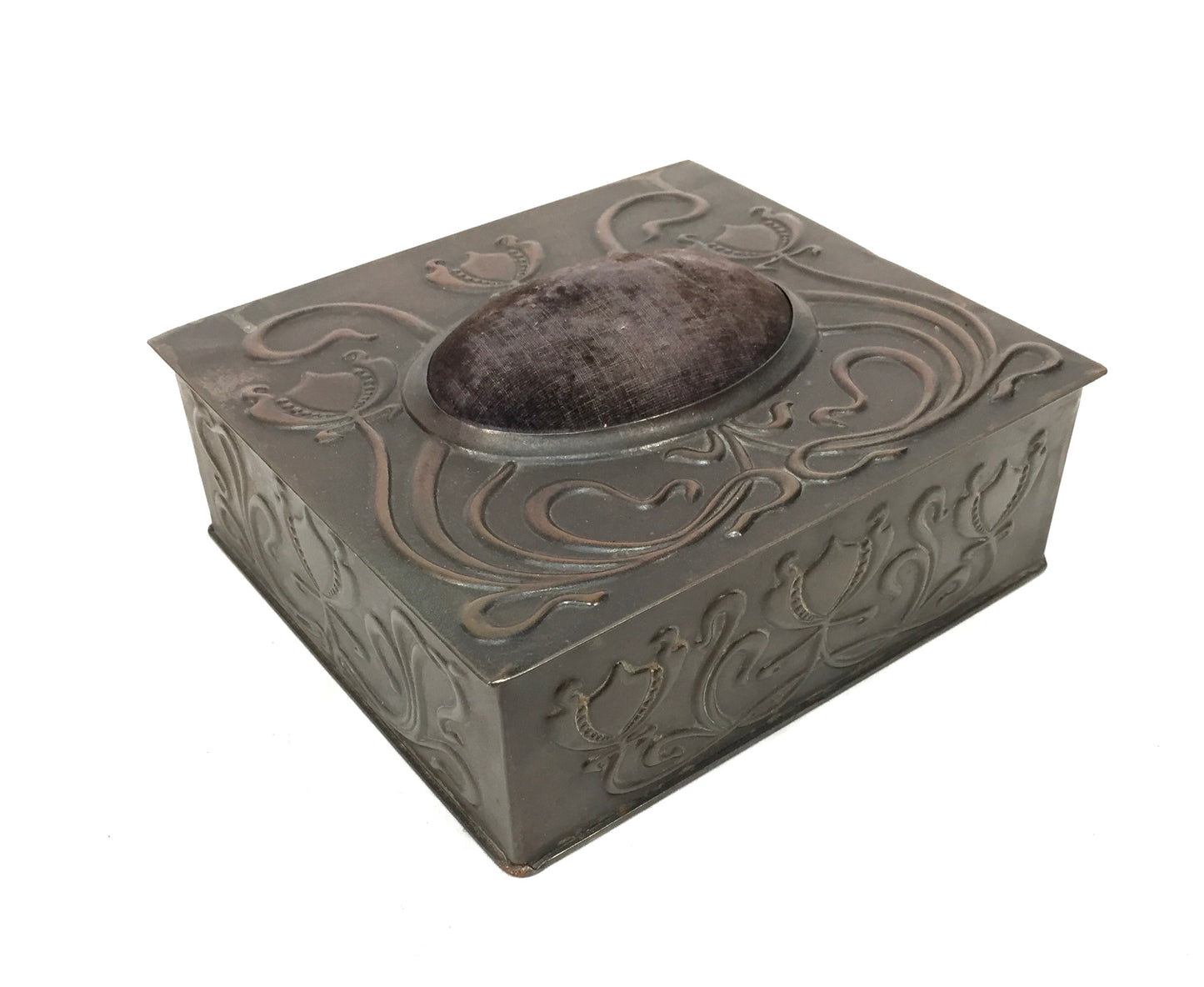 Antique Art Nouveau Embossed Metal Tin Pin Cushion Trinket Box Burnett Limited
