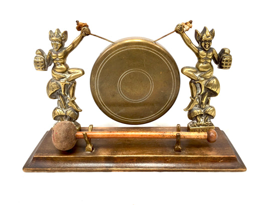 Antique Brass Gong with Lucky Cornish Pixie – Wooden Oak Stand & Mallet Vintage