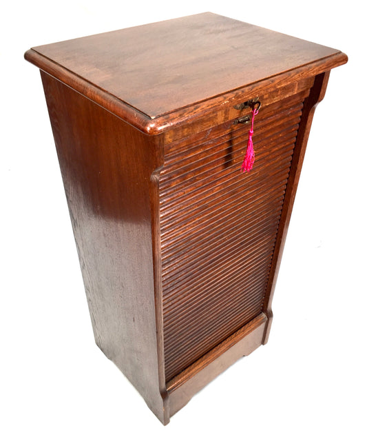 Antique Wooden Oak Tambour Fronted Office Paper Filing Cabinet Drawers with Key