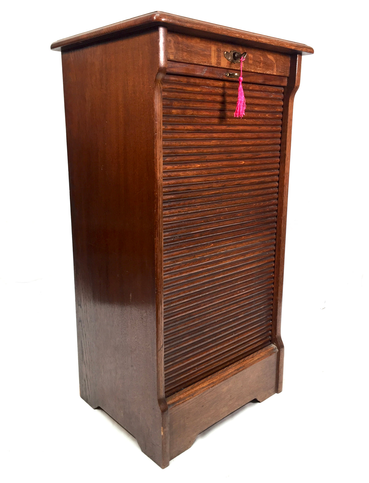 Antique Wooden Oak Tambour Fronted Office Paper Filing Cabinet Drawers with Key