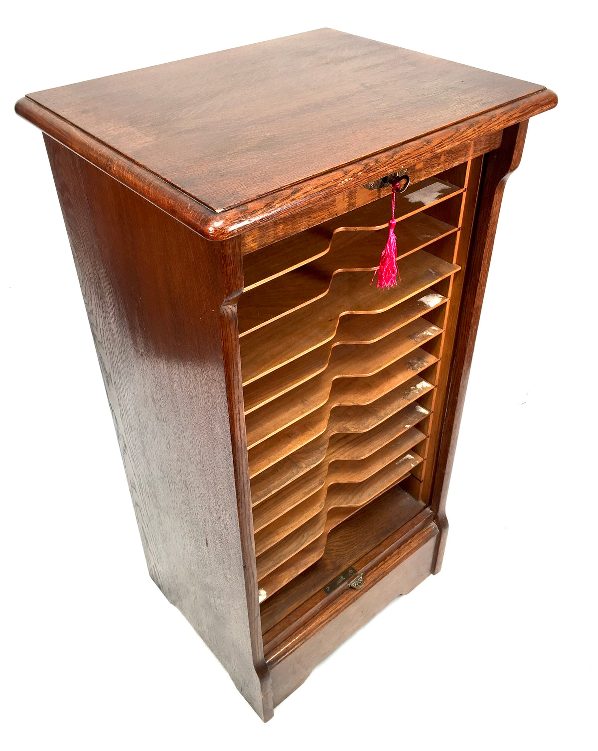 Antique Wooden Oak Tambour Fronted Office Paper Filing Cabinet Drawers with Key