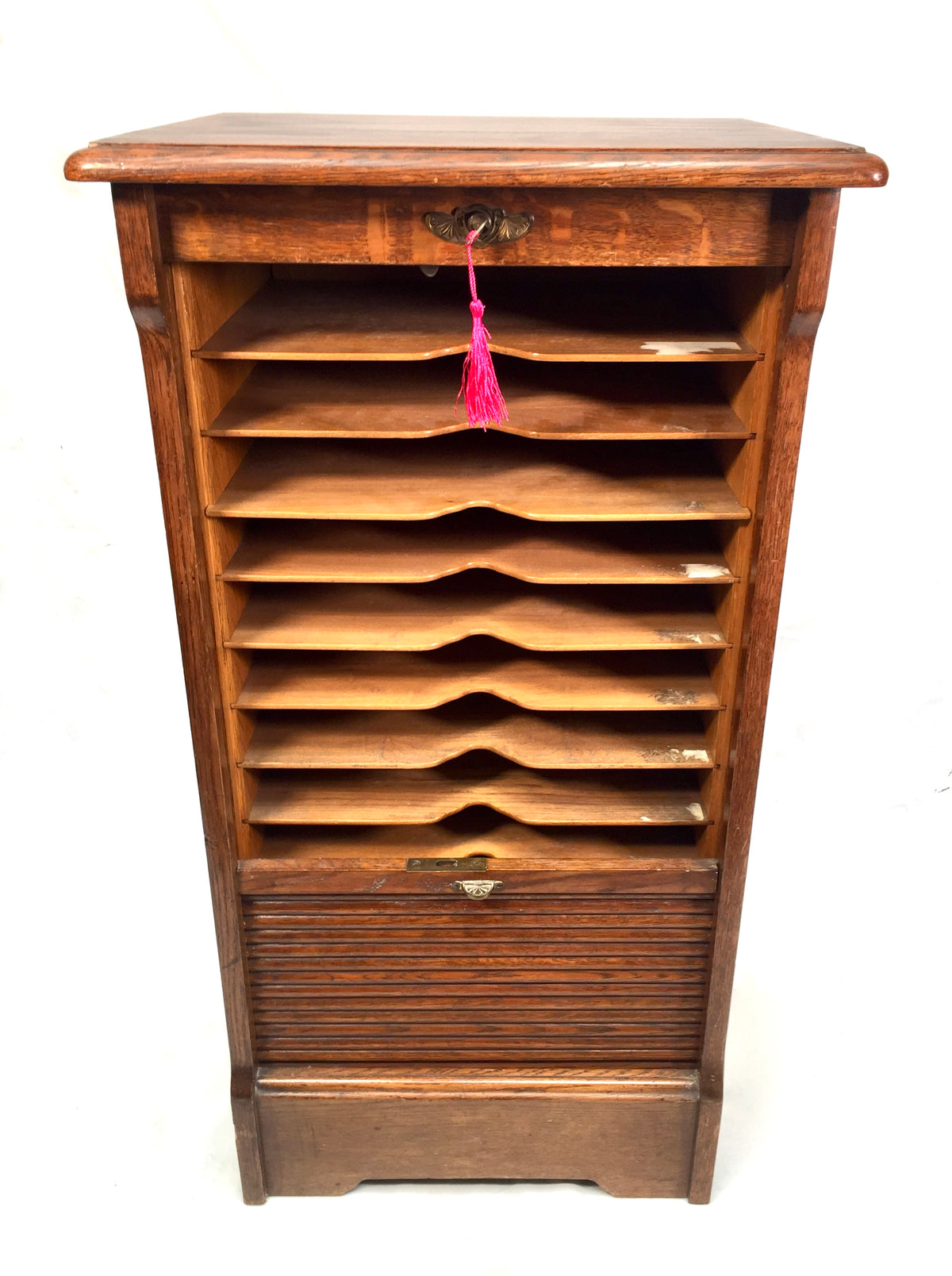 Antique Wooden Oak Tambour Fronted Office Paper Filing Cabinet Drawers with Key