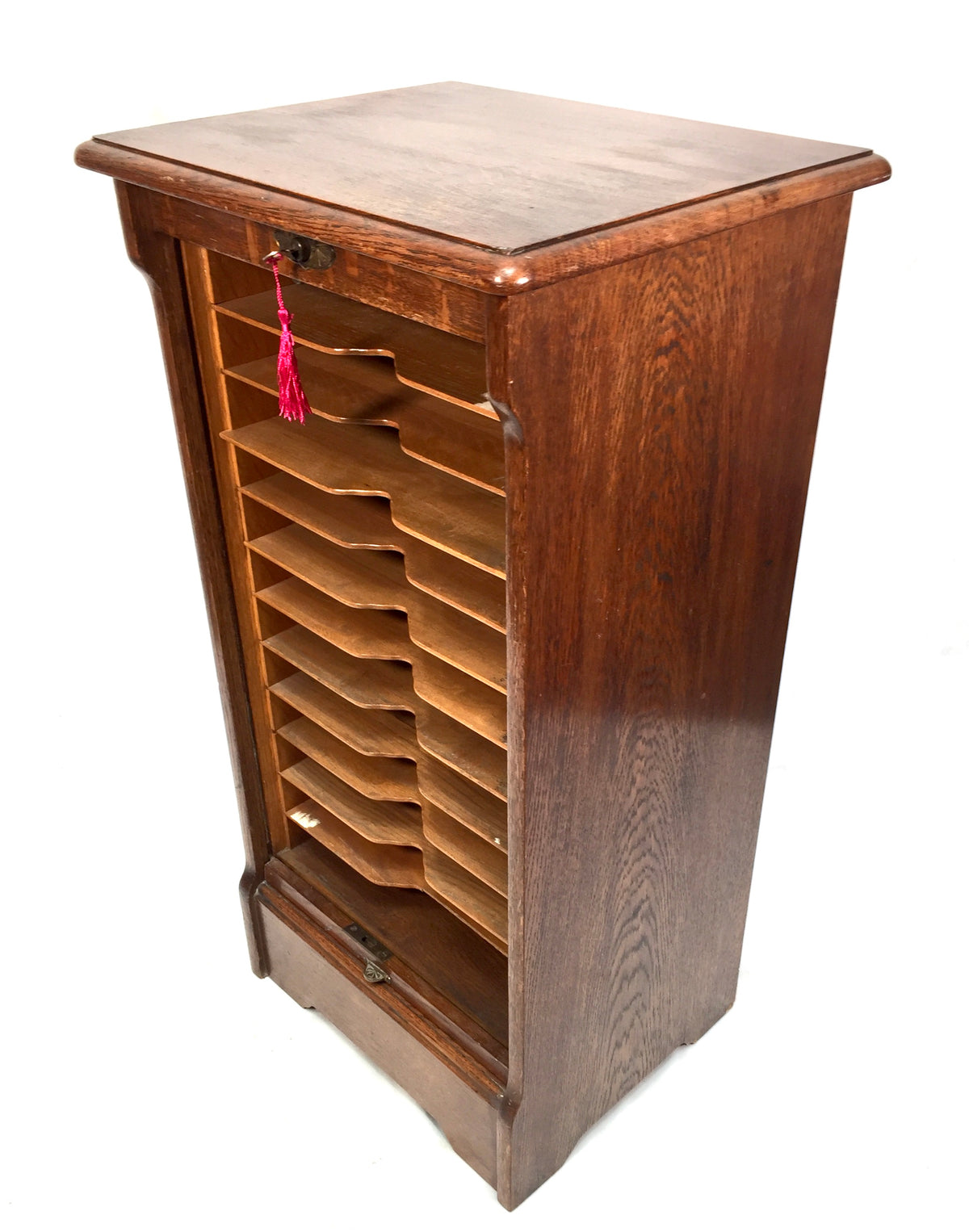 Antique Wooden Oak Tambour Fronted Office Paper Filing Cabinet Drawers with Key