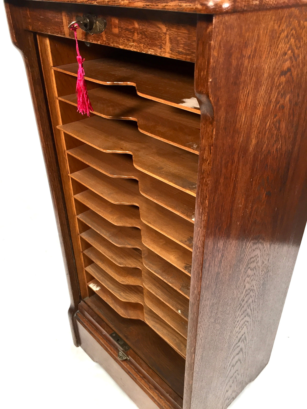 Antique Wooden Oak Tambour Fronted Office Paper Filing Cabinet Drawers with Key