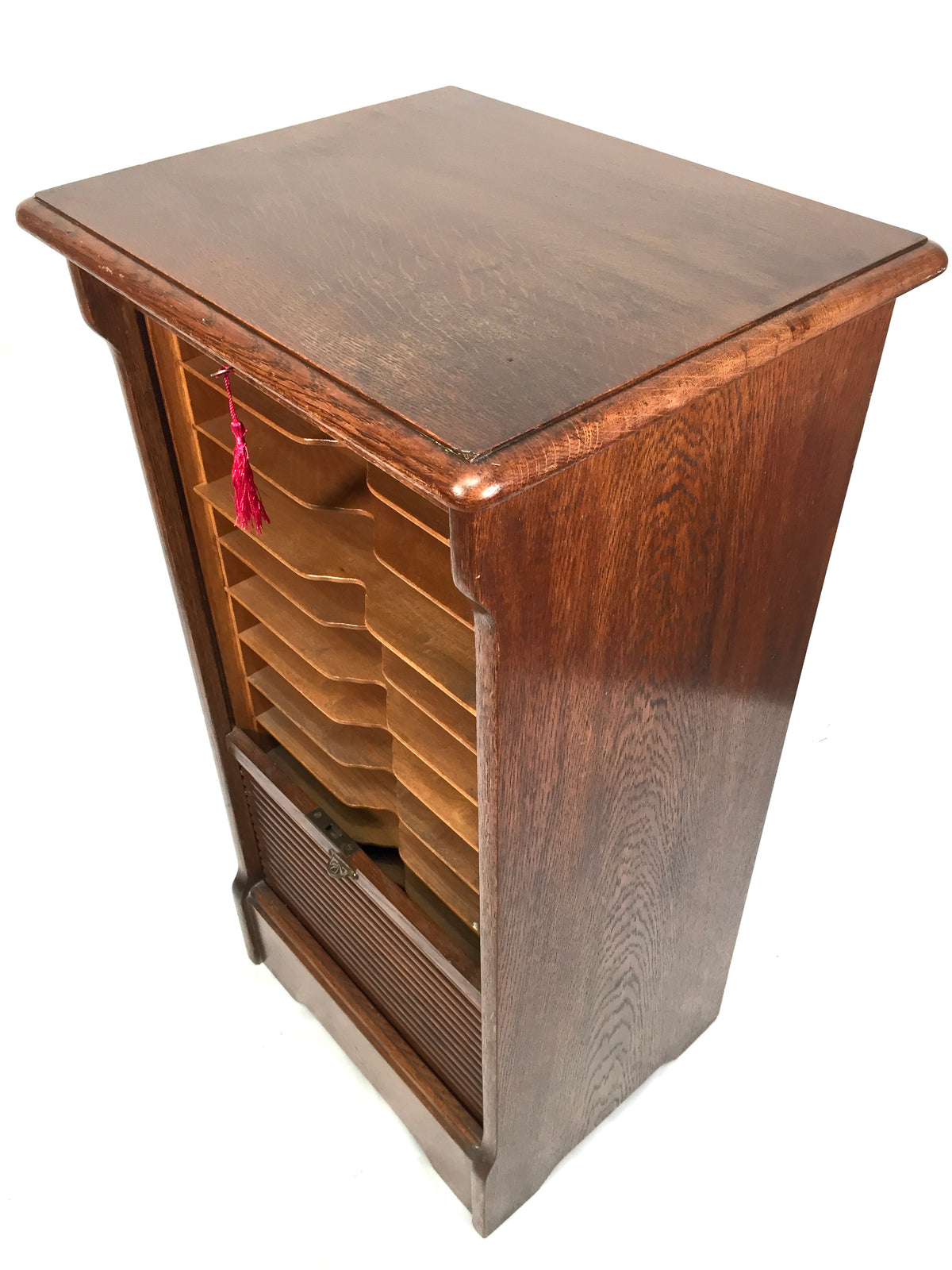 Antique Wooden Oak Tambour Fronted Office Paper Filing Cabinet Drawers with Key