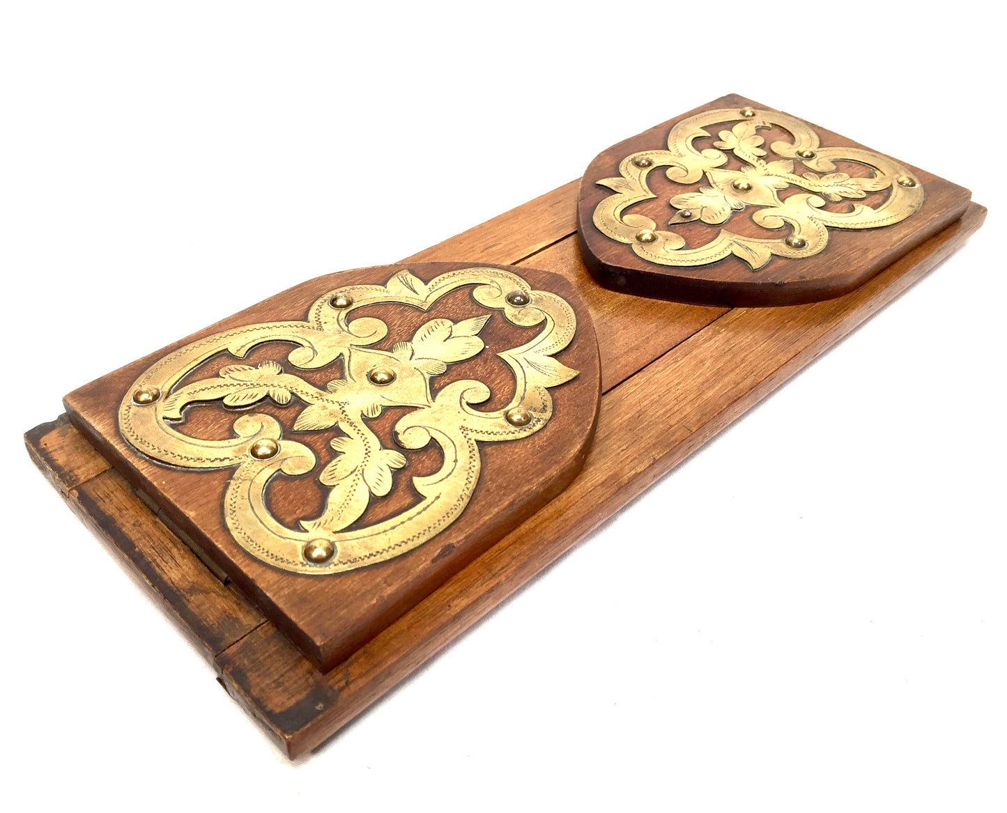 Antique Wooden & Brass Art Nouveau Tabletop Book Slide Display Stand Shelf c1900