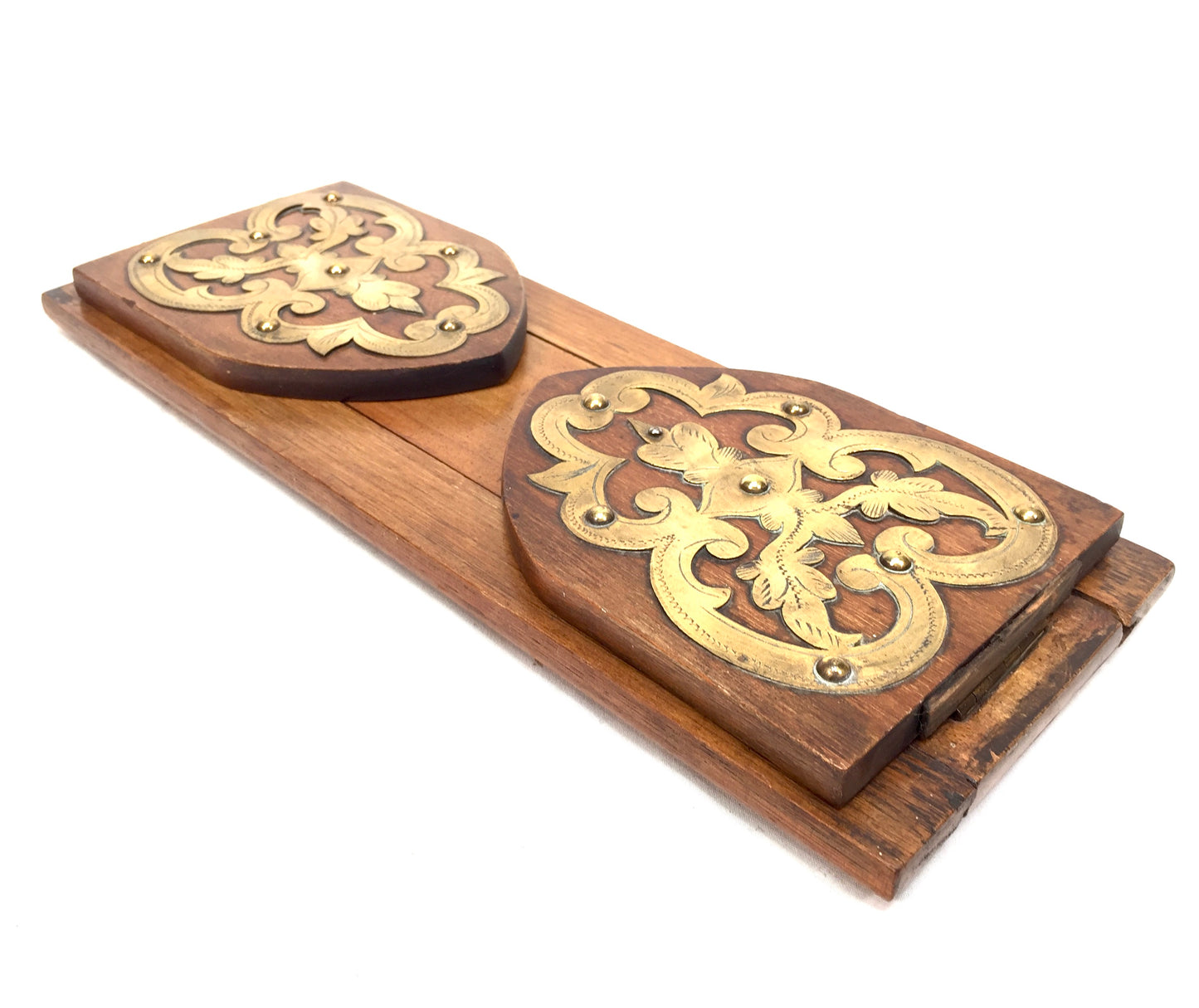 Antique Wooden & Brass Art Nouveau Tabletop Book Slide Display Stand Shelf c1900