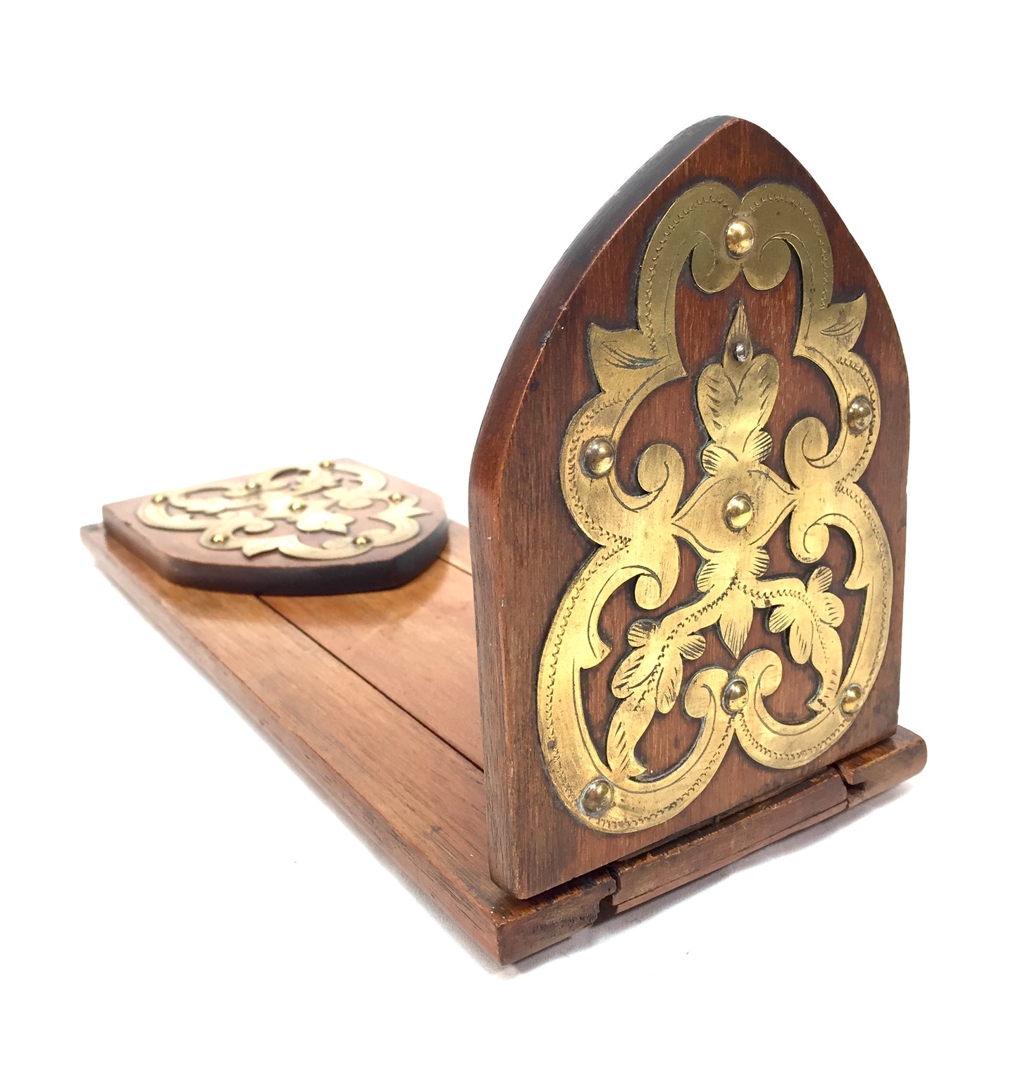 Antique Wooden & Brass Art Nouveau Tabletop Book Slide Display Stand Shelf c1900