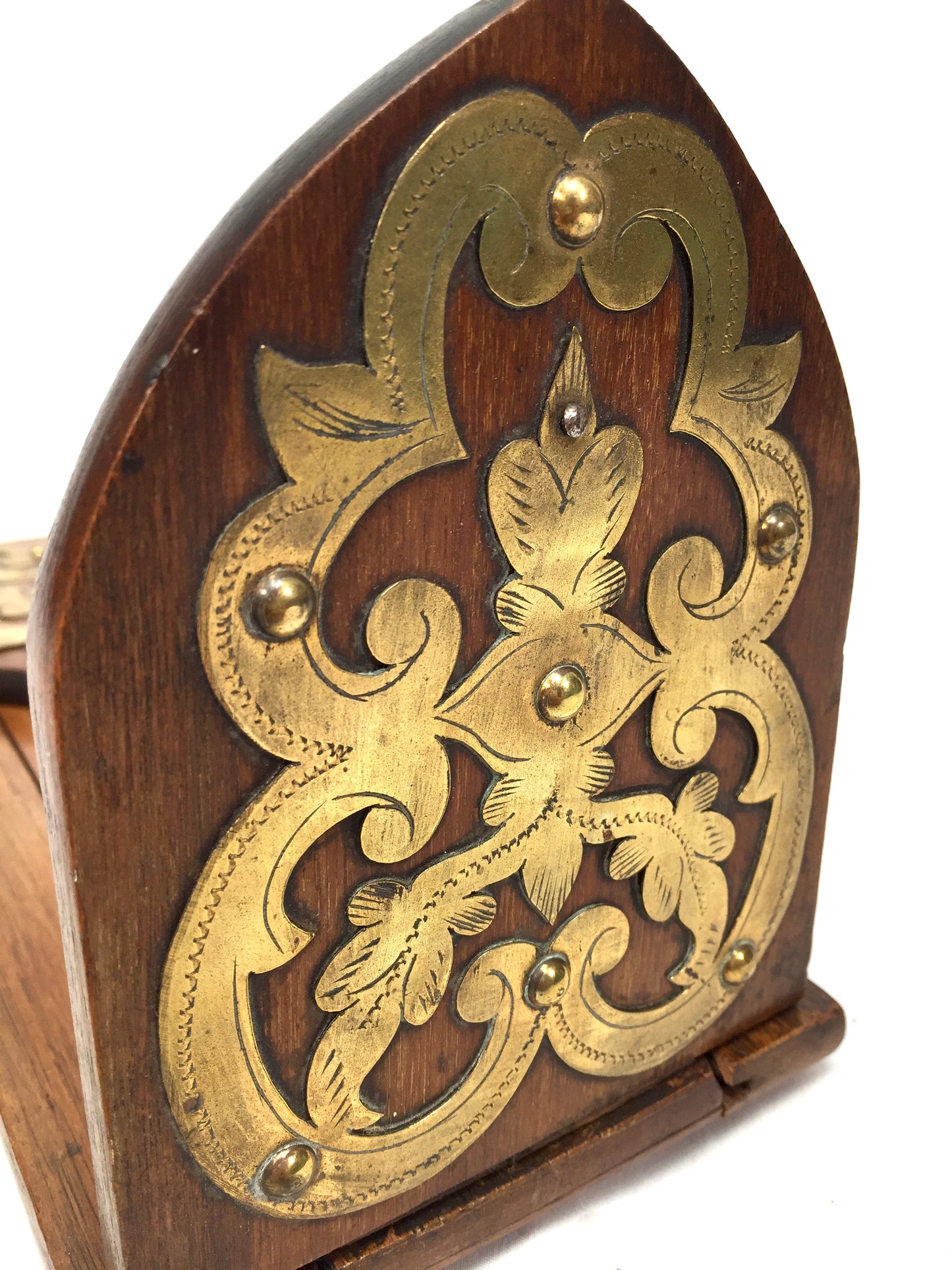 Antique Wooden & Brass Art Nouveau Tabletop Book Slide Display Stand Shelf c1900