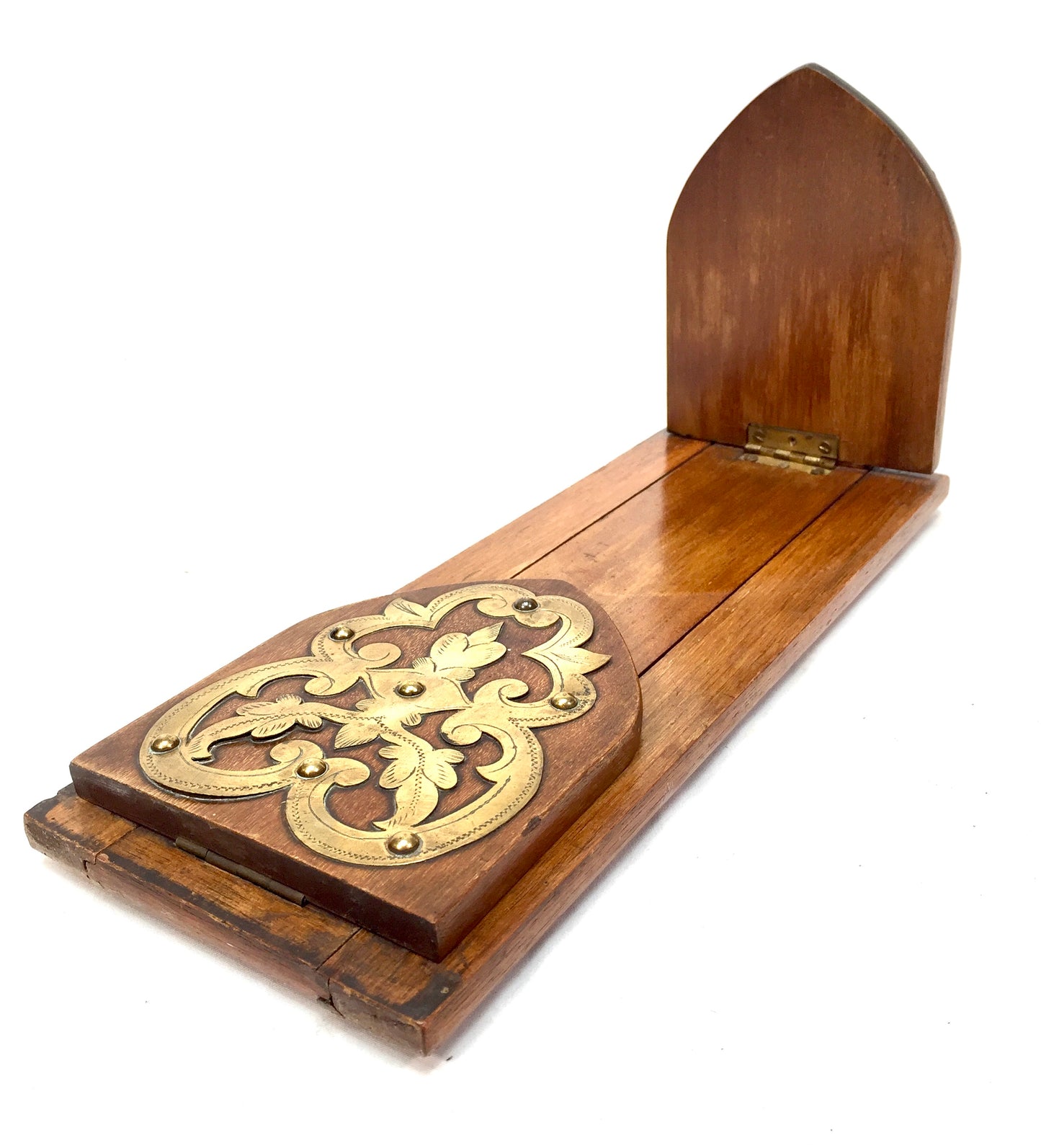Antique Wooden & Brass Art Nouveau Tabletop Book Slide Display Stand Shelf c1900