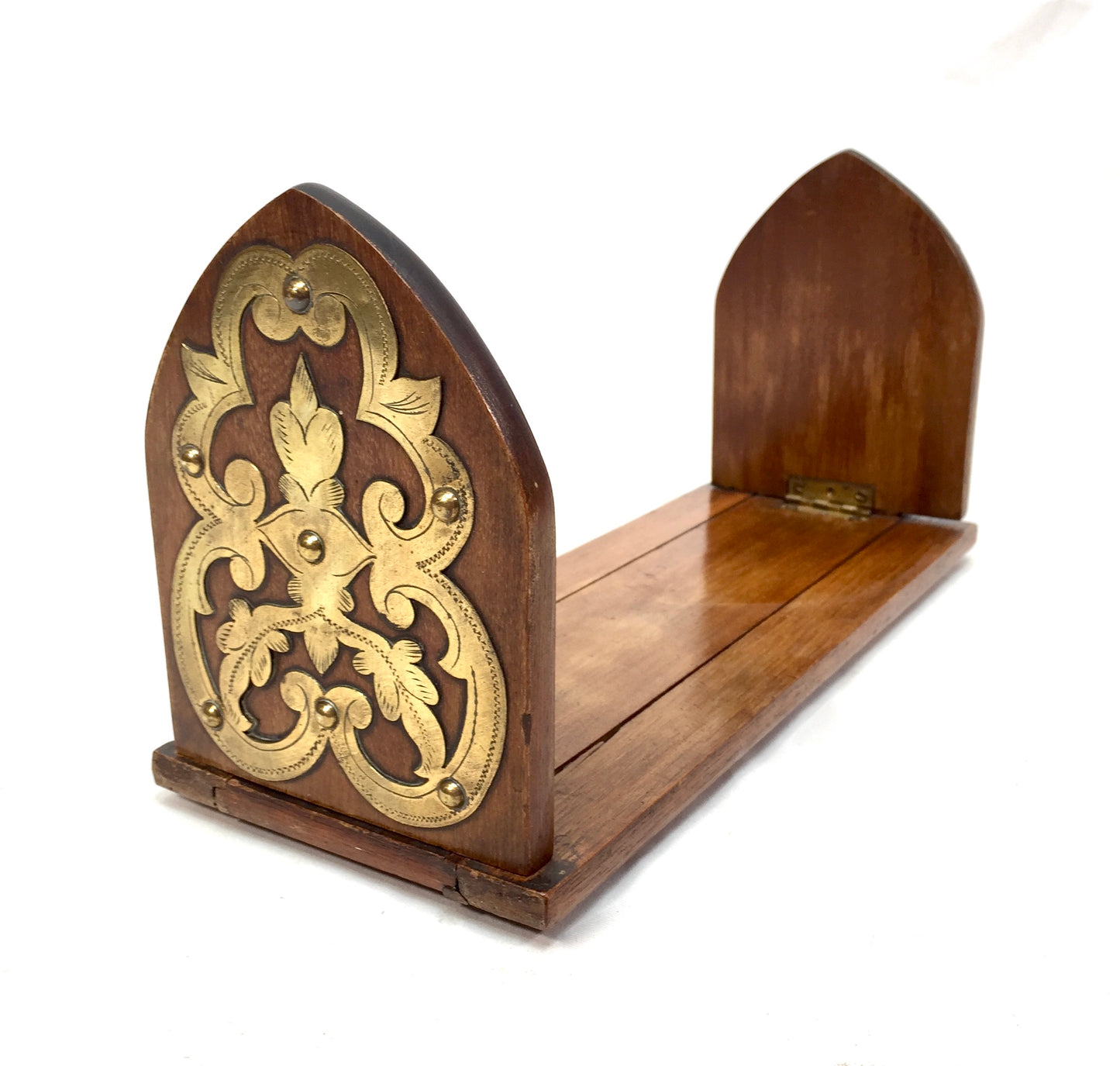 Antique Wooden & Brass Art Nouveau Tabletop Book Slide Display Stand Shelf c1900
