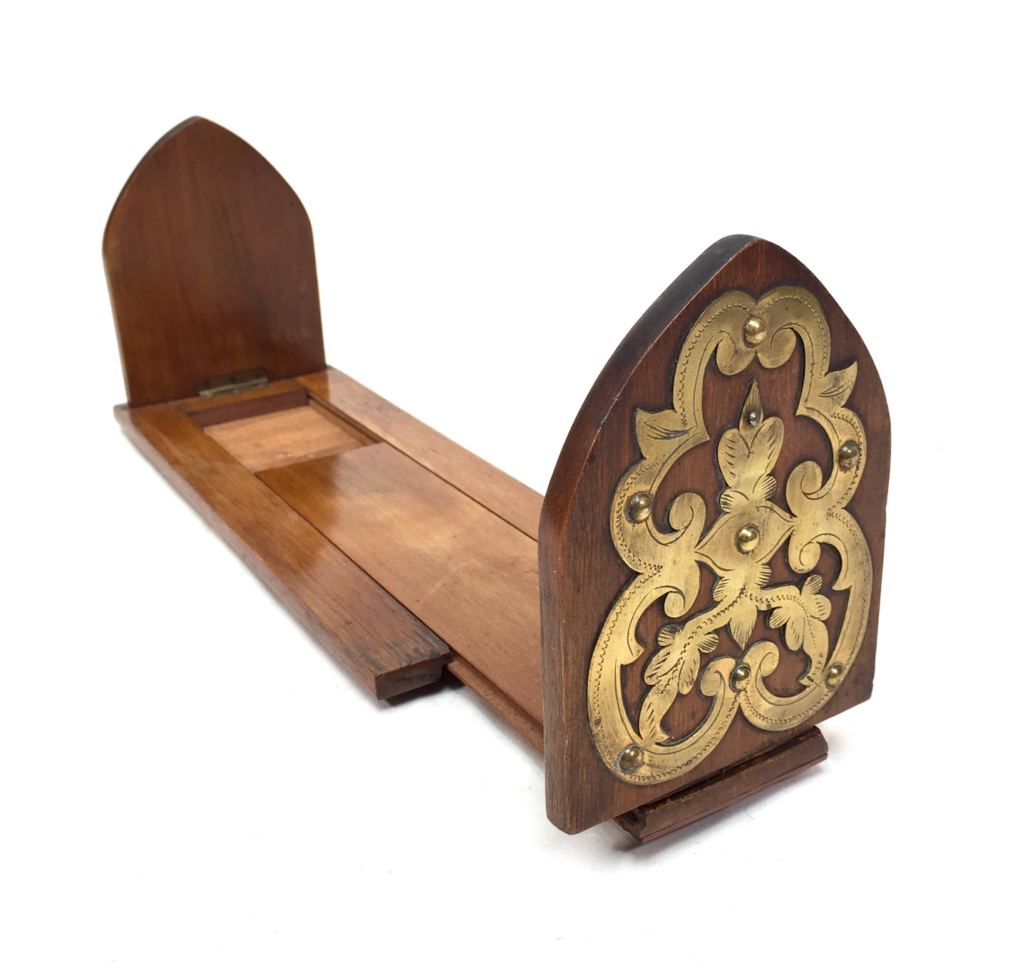 Antique Wooden & Brass Art Nouveau Tabletop Book Slide Display Stand Shelf c1900