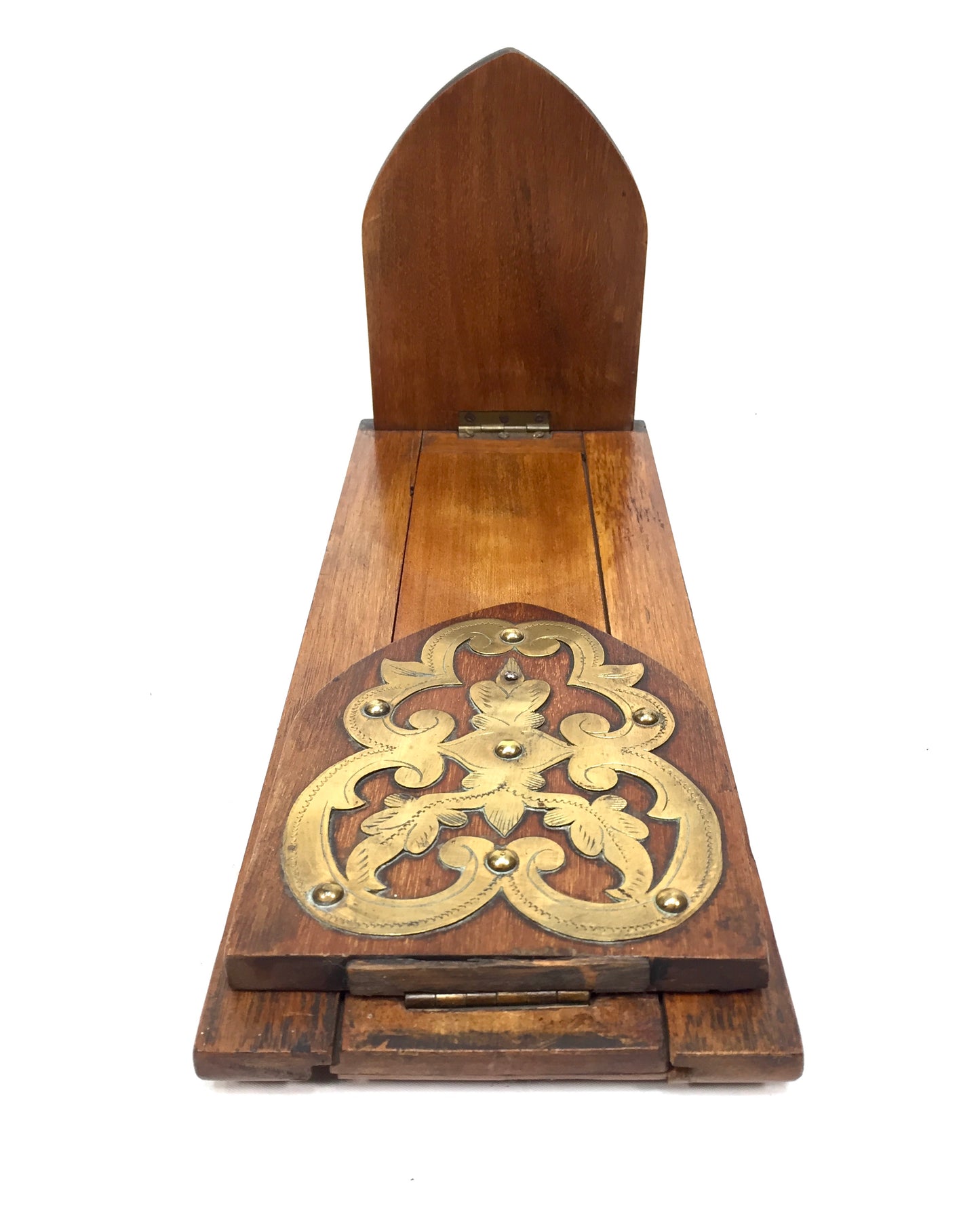 Antique Wooden & Brass Art Nouveau Tabletop Book Slide Display Stand Shelf c1900