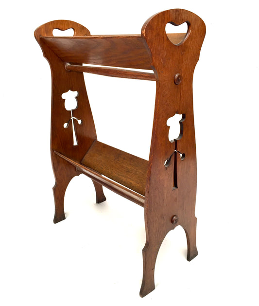 Antique Carved Wooden Oak Arts & Crafts Book Stand / Shelf Trough Display c.1930