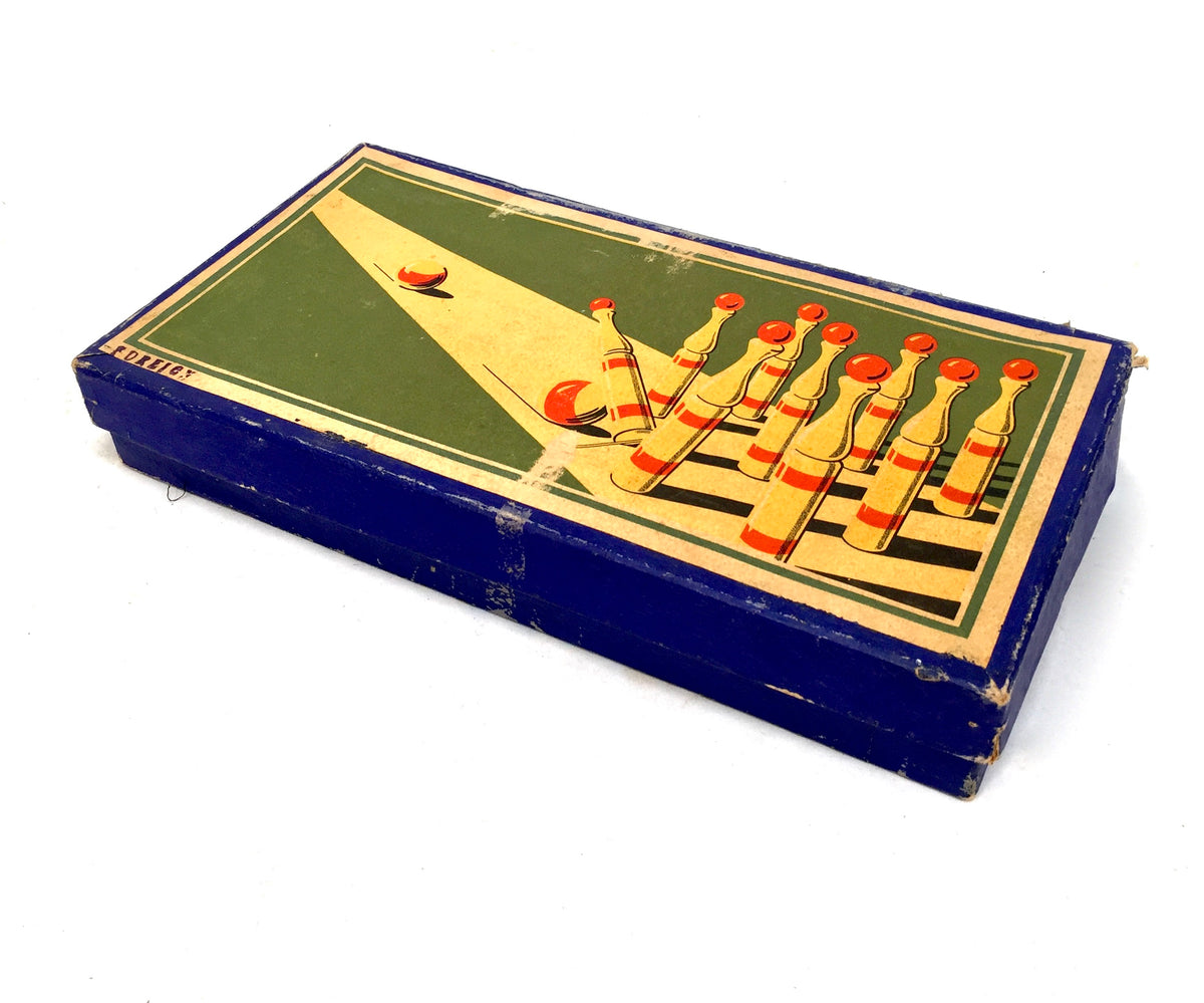 Antique Complete Parlour Game Wooden Skittles Bowling Set in Original Box c.1930