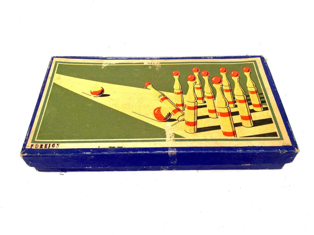 Antique Complete Parlour Game Wooden Skittles Bowling Set in Original Box c.1930