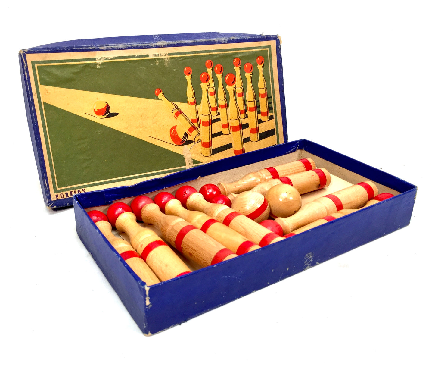 Antique Complete Parlour Game Wooden Skittles Bowling Set in Original Box c.1930
