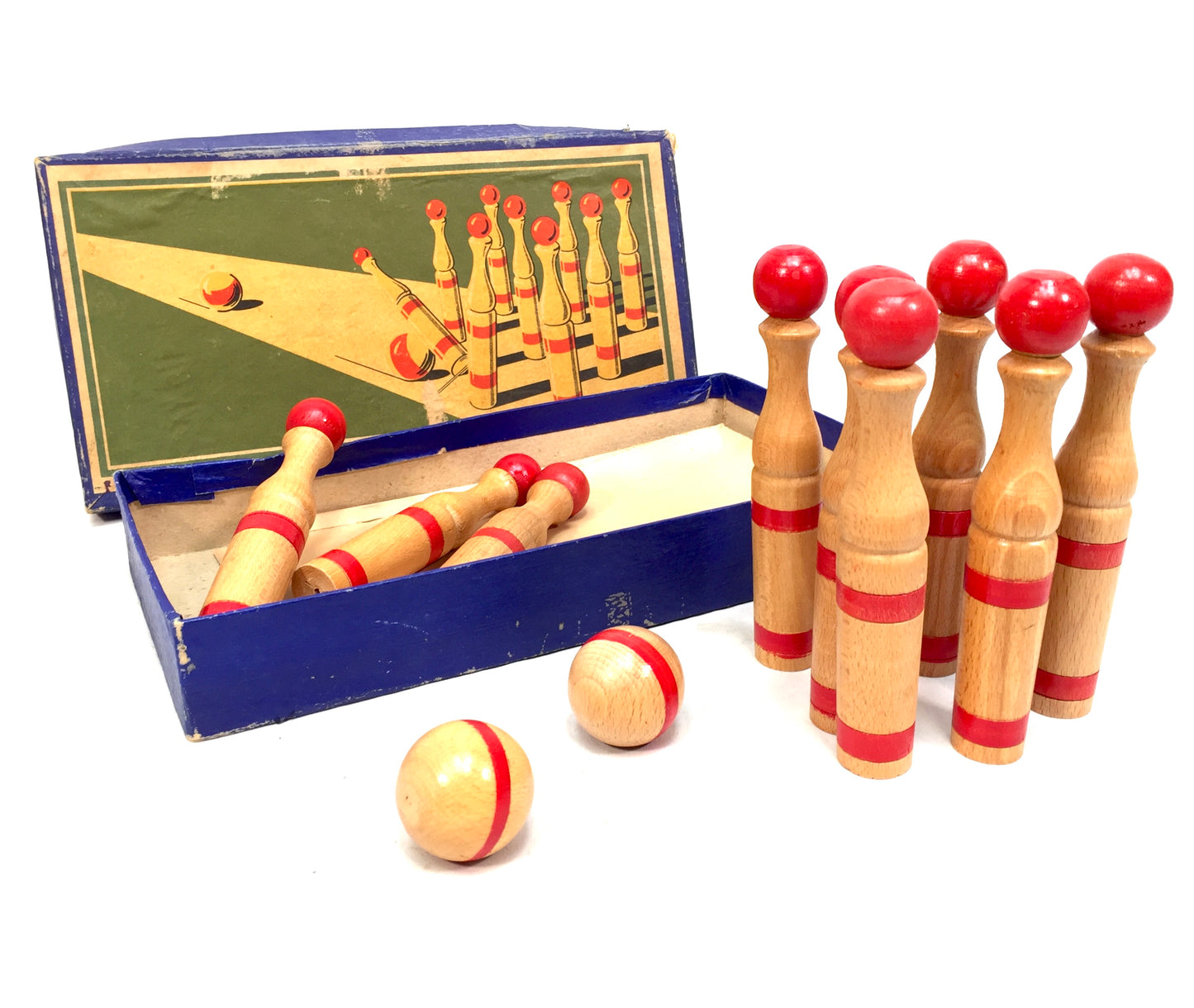 Antique Complete Parlour Game Wooden Skittles Bowling Set in Original Box c.1930