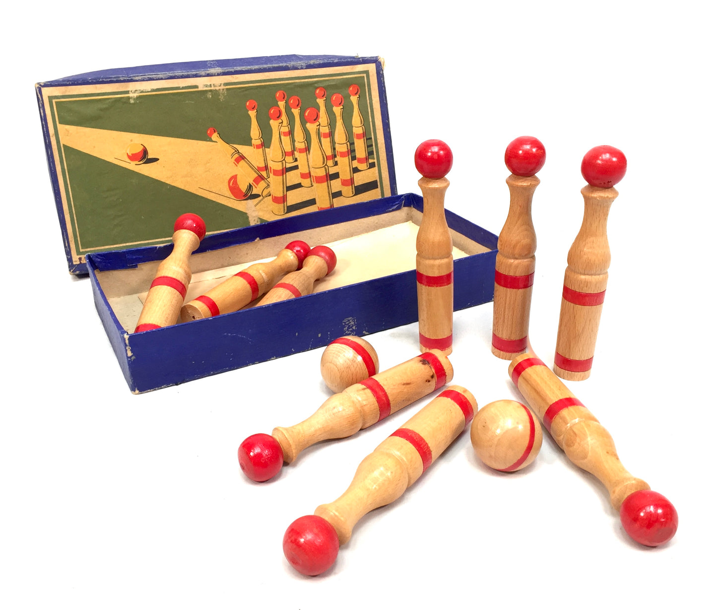 Antique Complete Parlour Game Wooden Skittles Bowling Set in Original Box c.1930