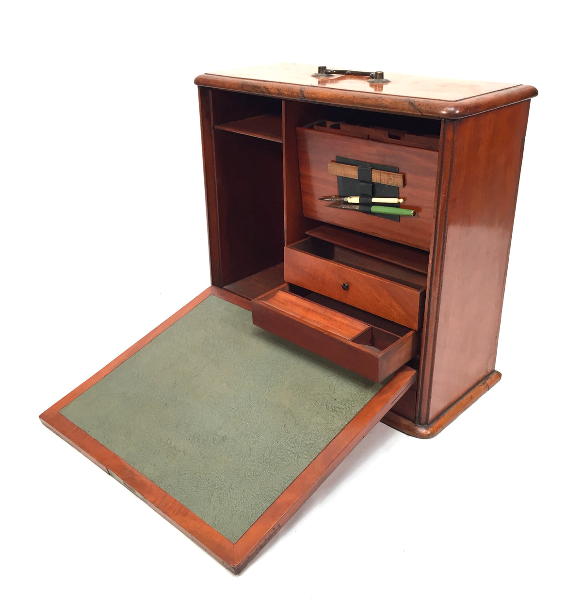 Antique Victorian Wooden Desktop Stationery Box / Cabinet Writing Slope & Key