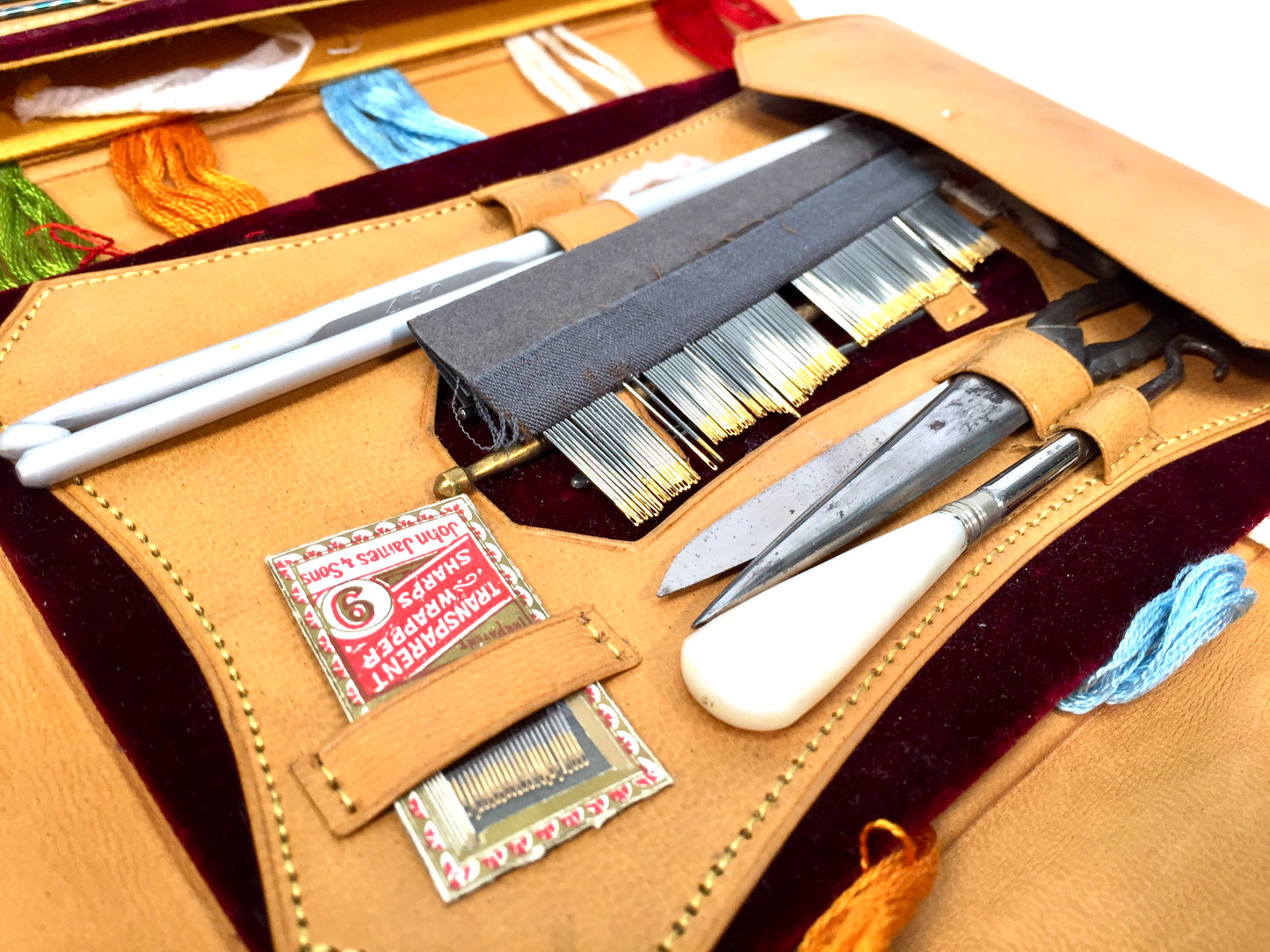 Antique Leather Travel Needlework & Sewing Case Pouch / Wallet & Contents c.1930