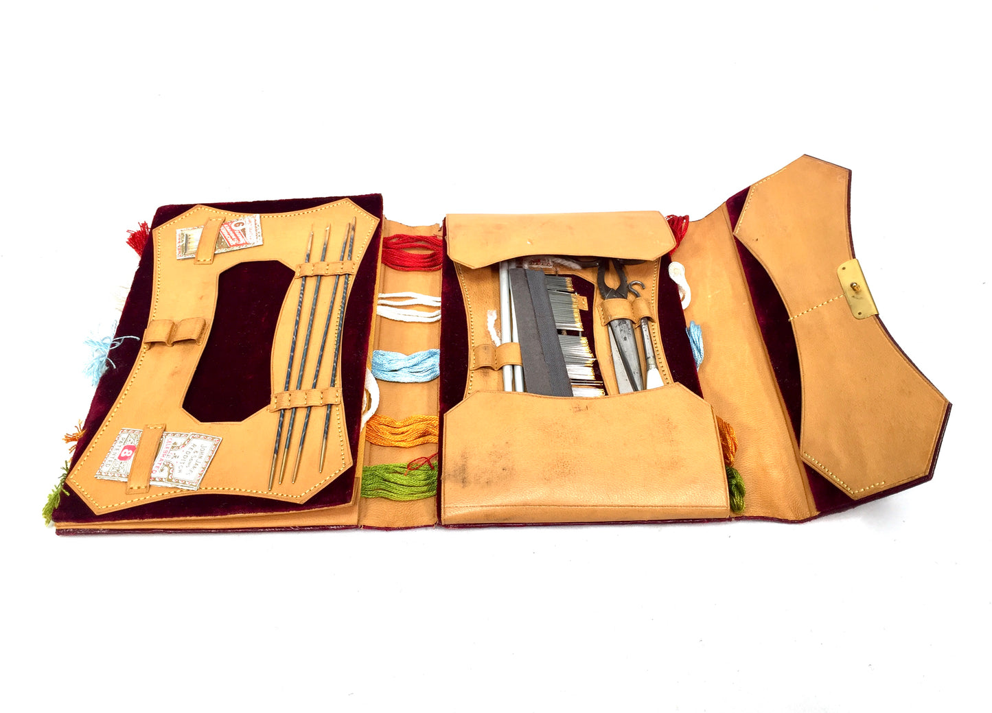 Antique Leather Travel Needlework & Sewing Case Pouch / Wallet & Contents c.1930
