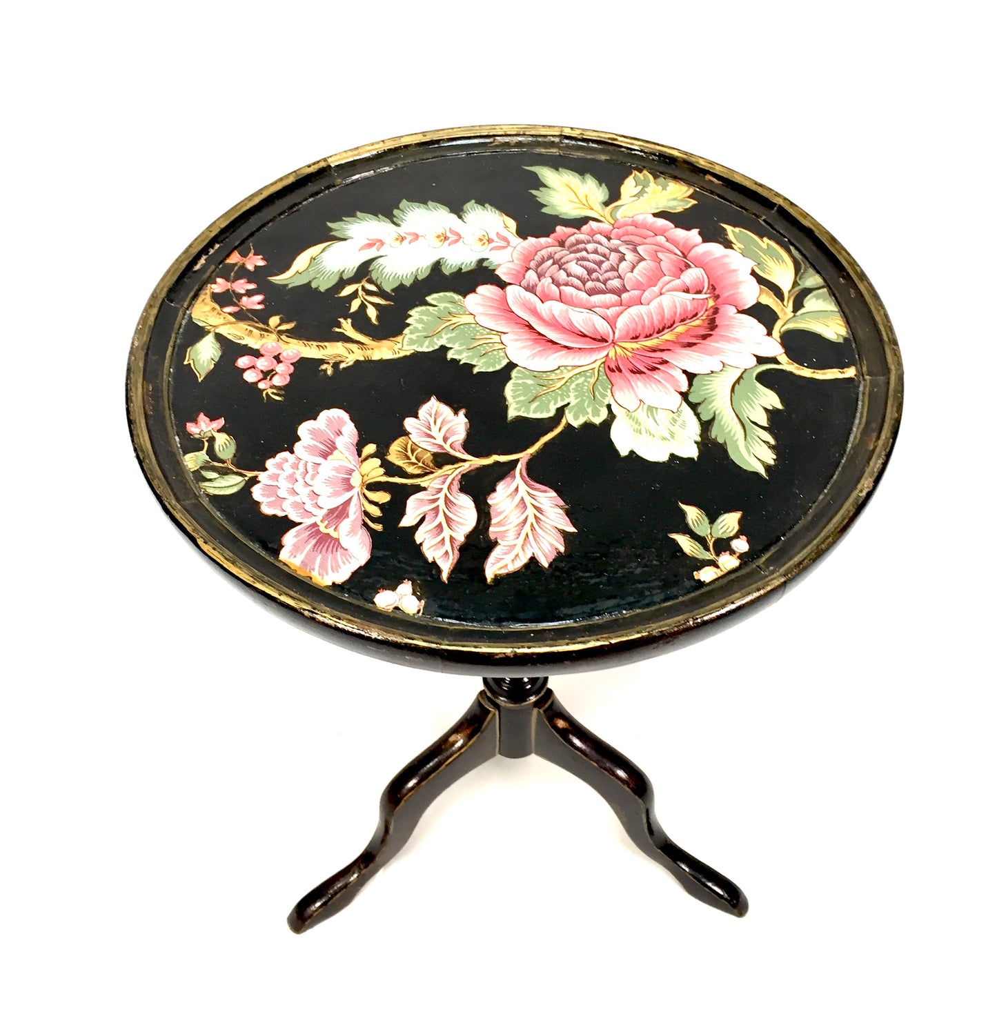 Antique Edwardian Wooden Black Lacquered Side / Lamp Table Floral Design c.1900